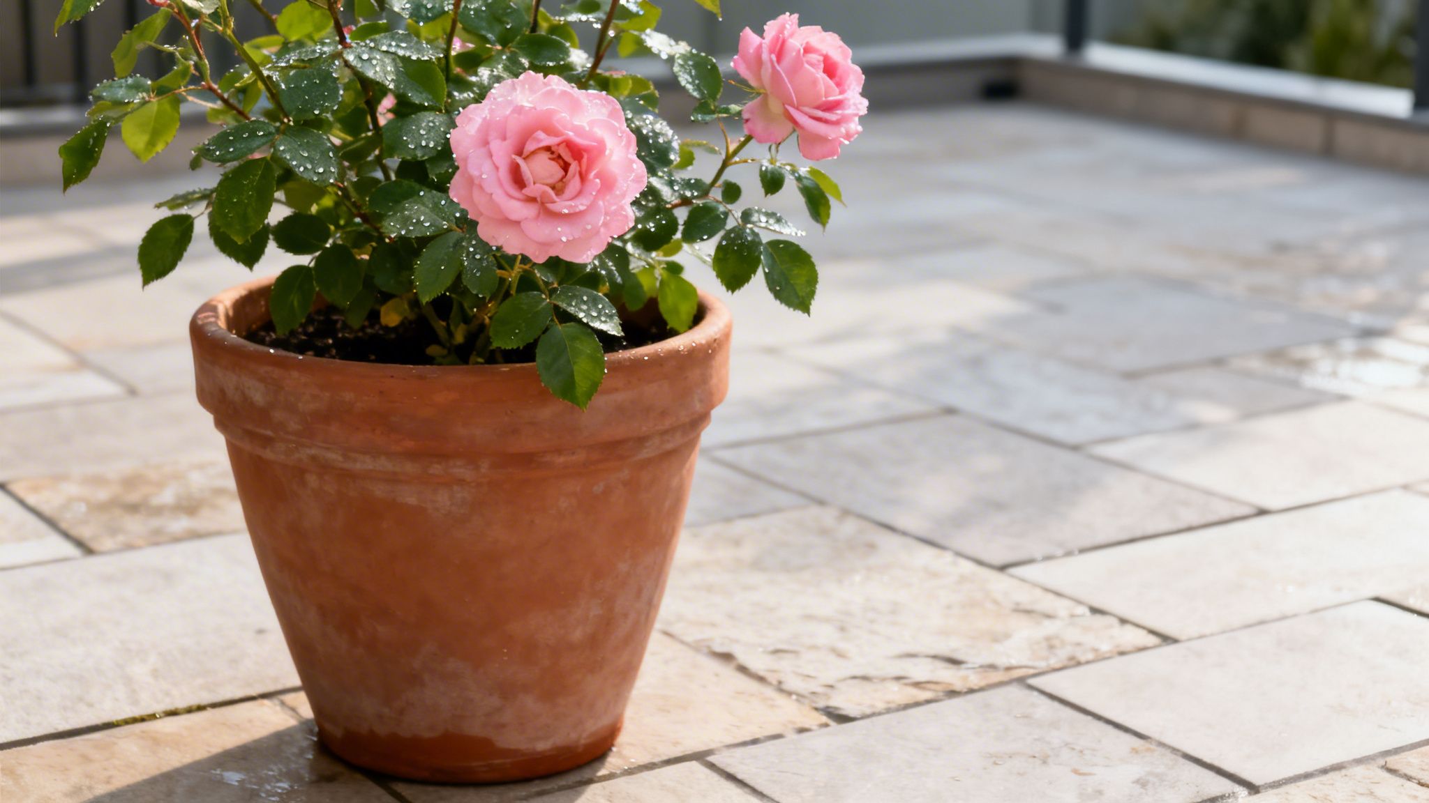En lyserød rosenbusk i en terracotta krukke med vanddråber på bladene, står på en flisebelagt terrasse.