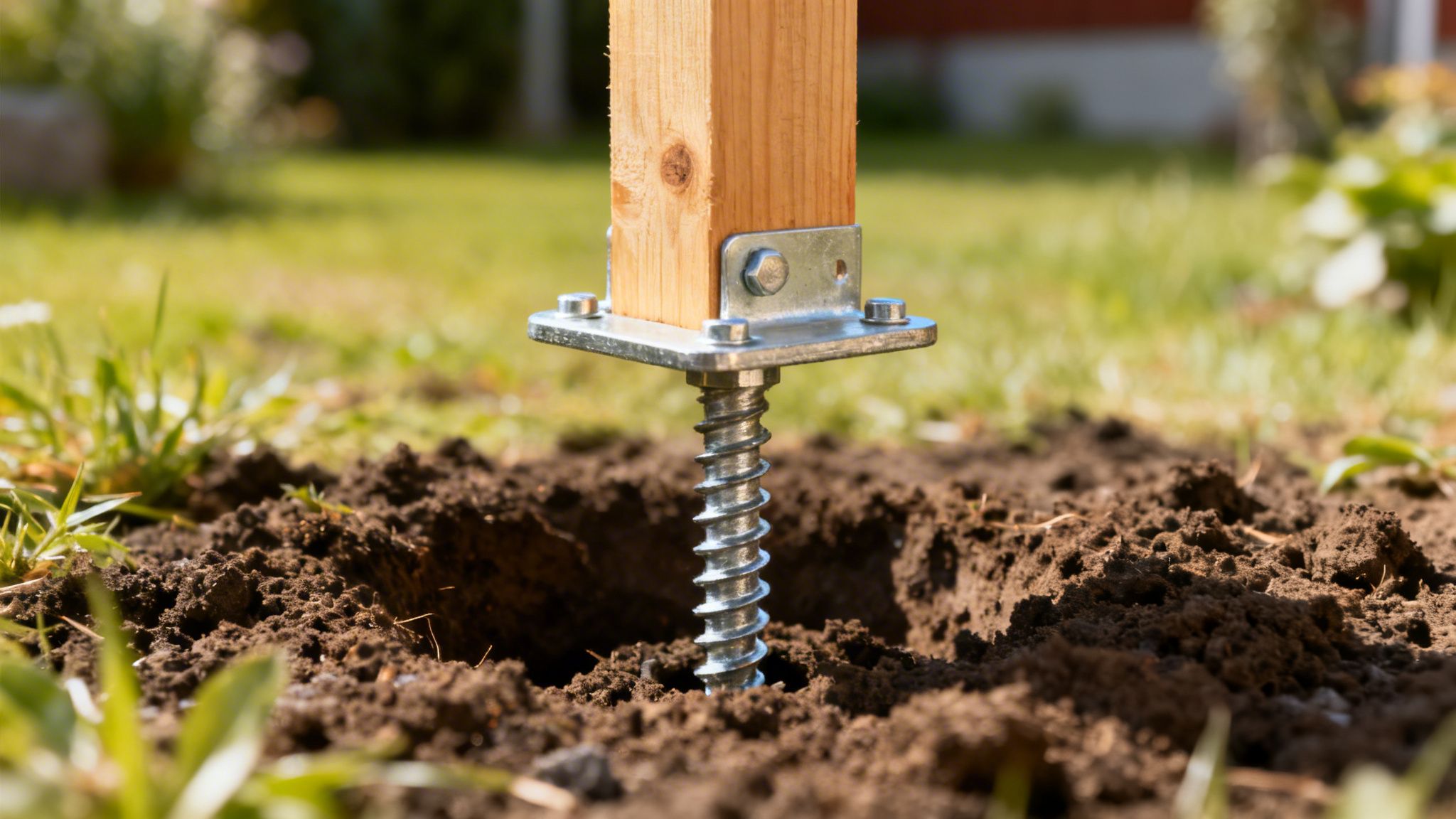 Nærbillede af en træstolpe fastgjort med en metalstolpesko, der er skruet ned i mørk jord med græs.