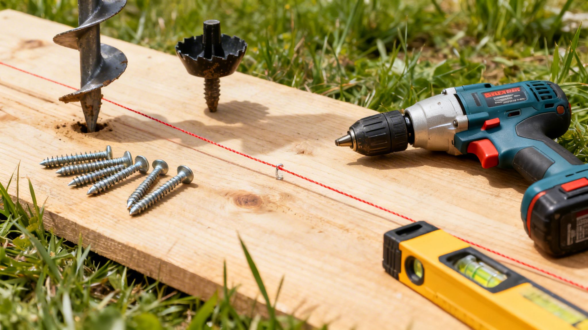 Værktøj på træplanke med boremaskine, skruer og vaterpas, klar til udendørs byggeprojekt.