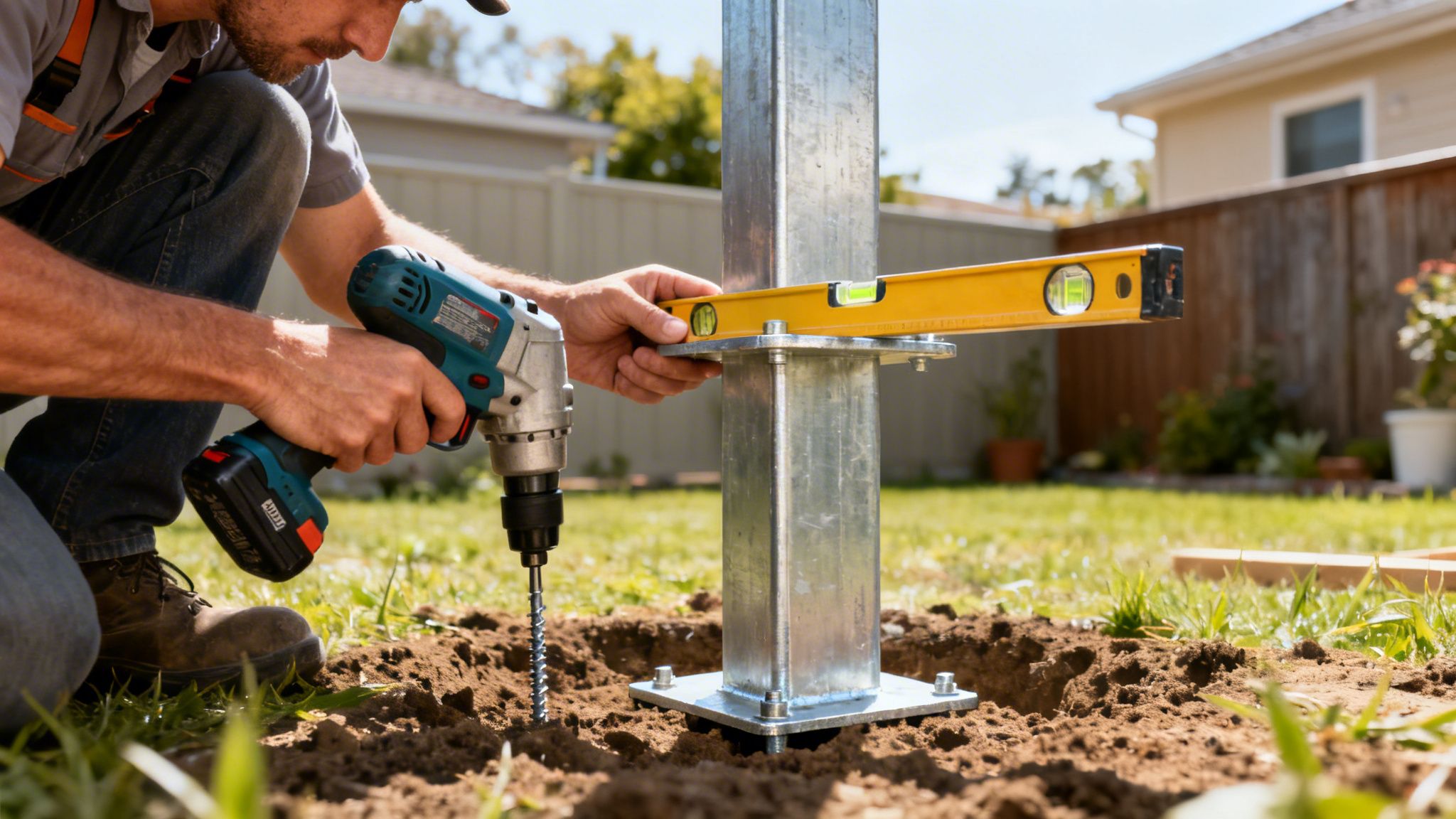 En mand borer i jorden og tjekker en metalstolpe med et vaterpas under udendørs konstruktion.