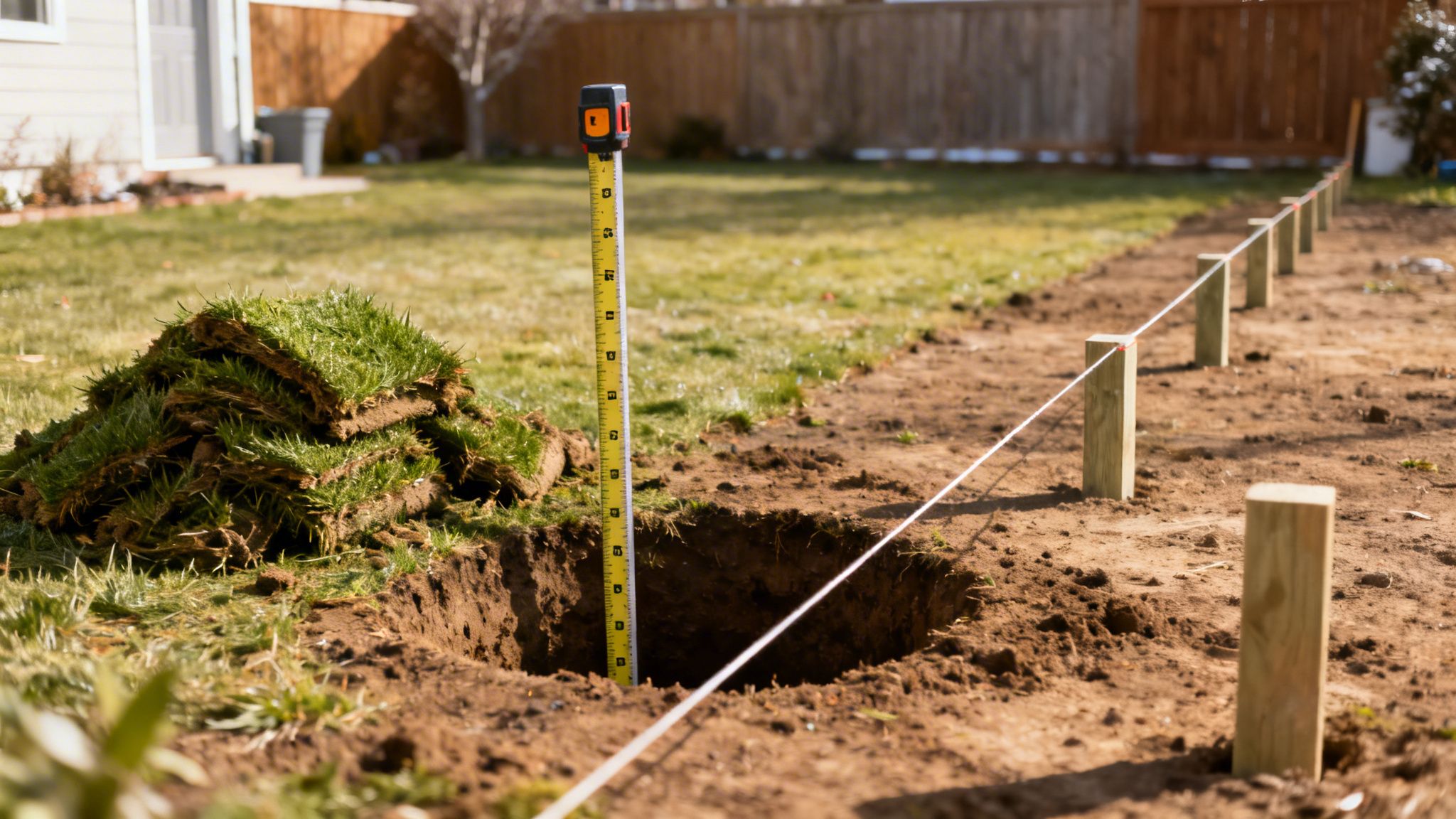 Et målebånd måler dybden i et udgravet hul, omgivet af græstørv og træstolper forbundet med en snor i en baghave.