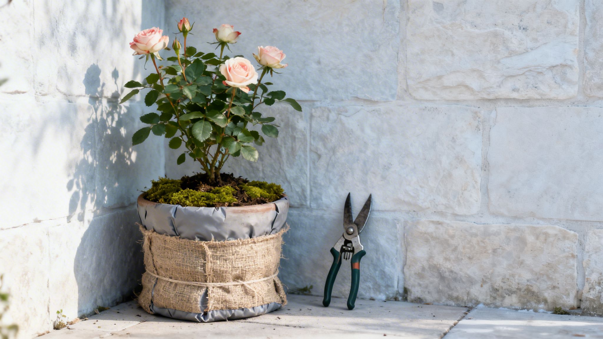 En krukke med lyserøde roser og grøn mos står ved siden af en saks mod en lys stenmur i solskin.