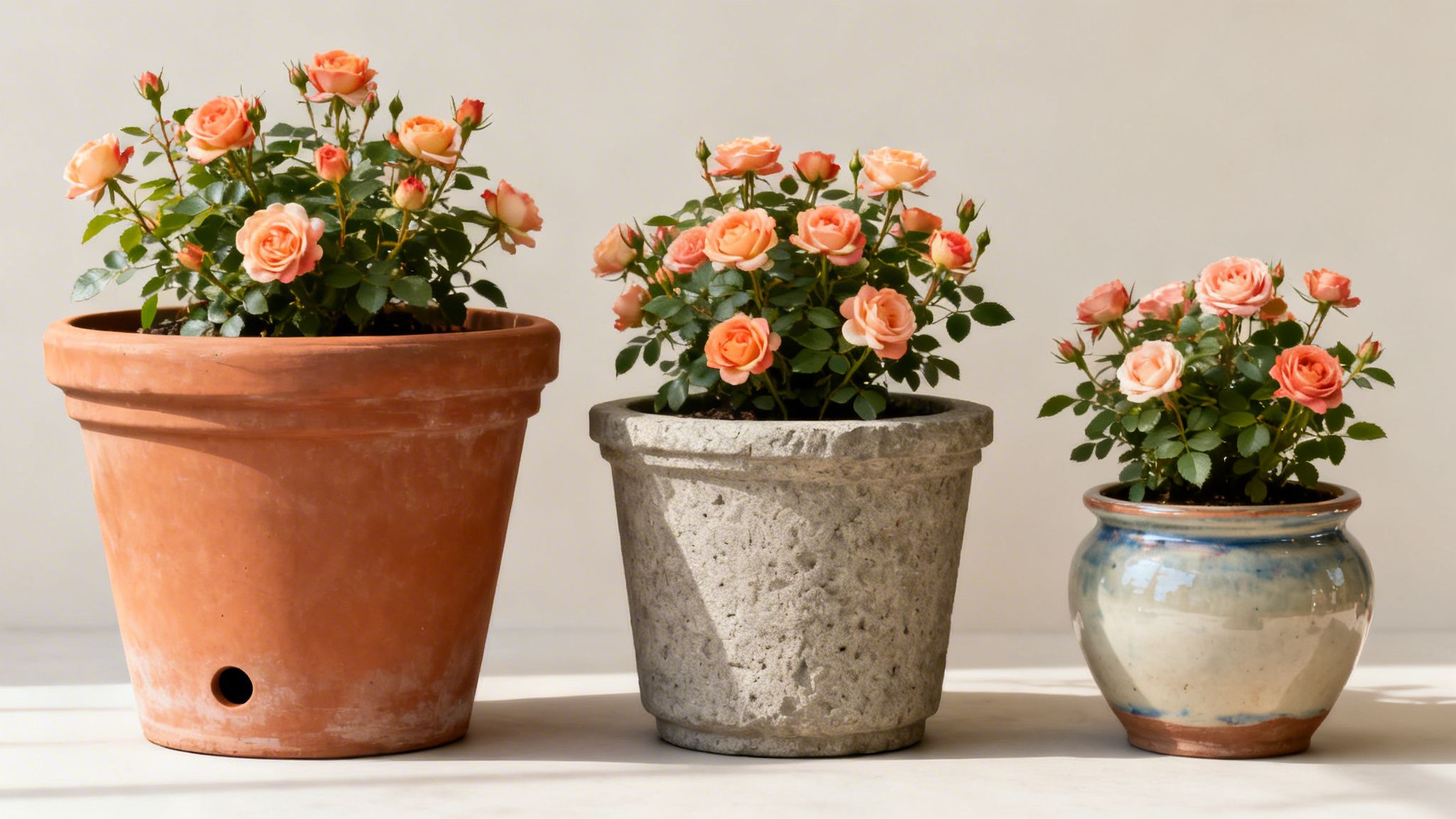 Tre krukker med orange roser i forskellige materialer, stående i sollys.