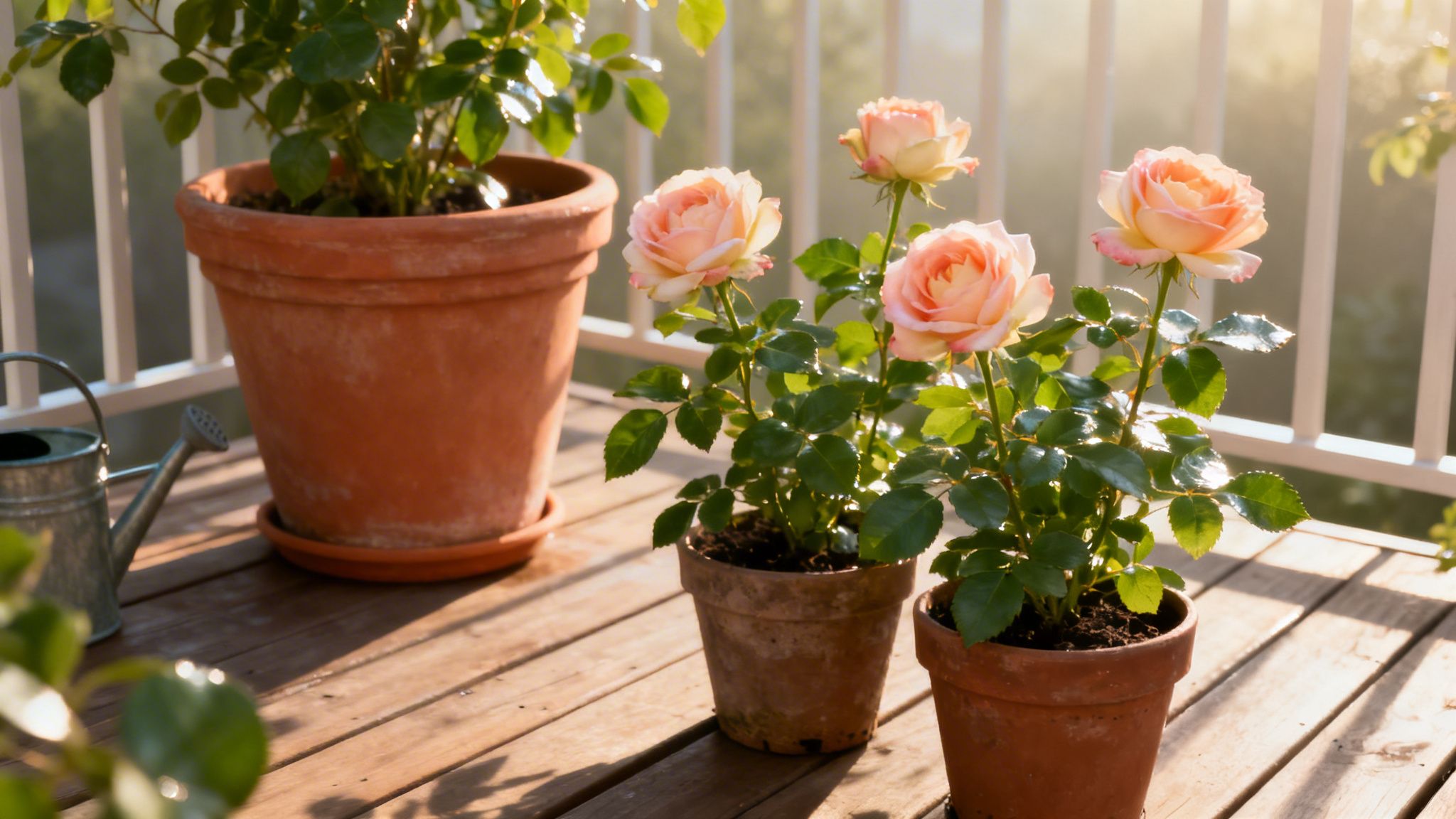 Smukke lyserøde roser i krukker på en træterrasse badet i varmt sollys, med en vandkande.
