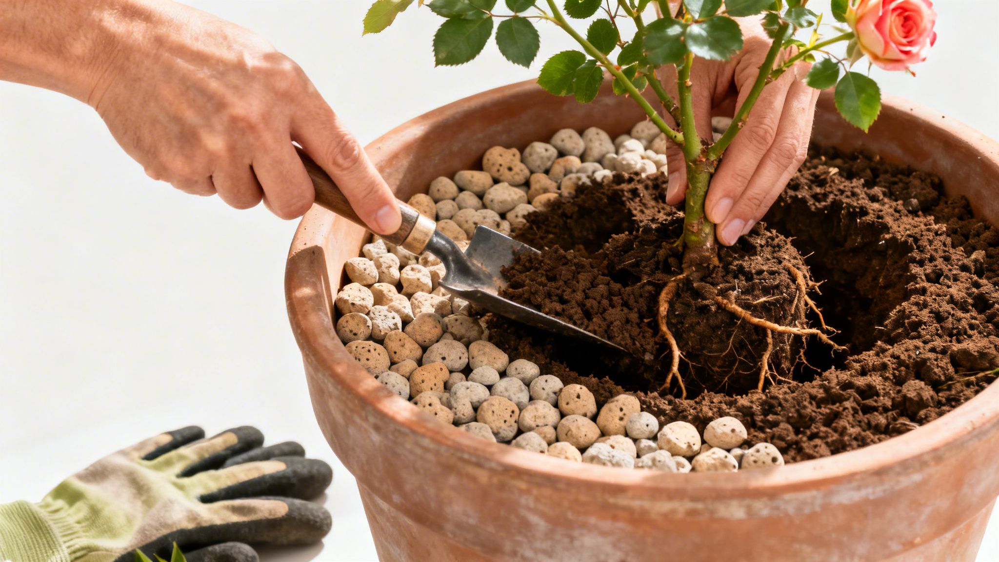 Hænder planter en rose med rødder i en stor terracotta krukke med jord og drænsten, og handsker.