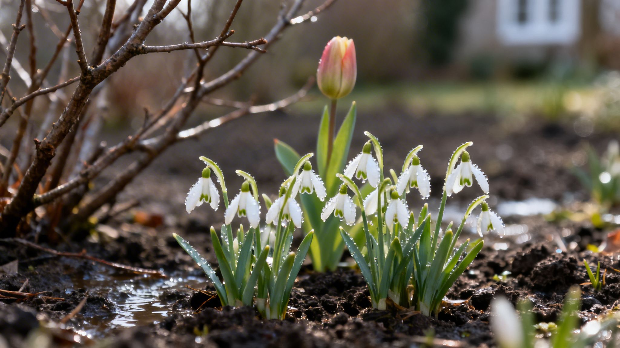 Hvide vintergækker med dugdråber i en have, med lyserød tulipan og bare grene i baggrunden.
