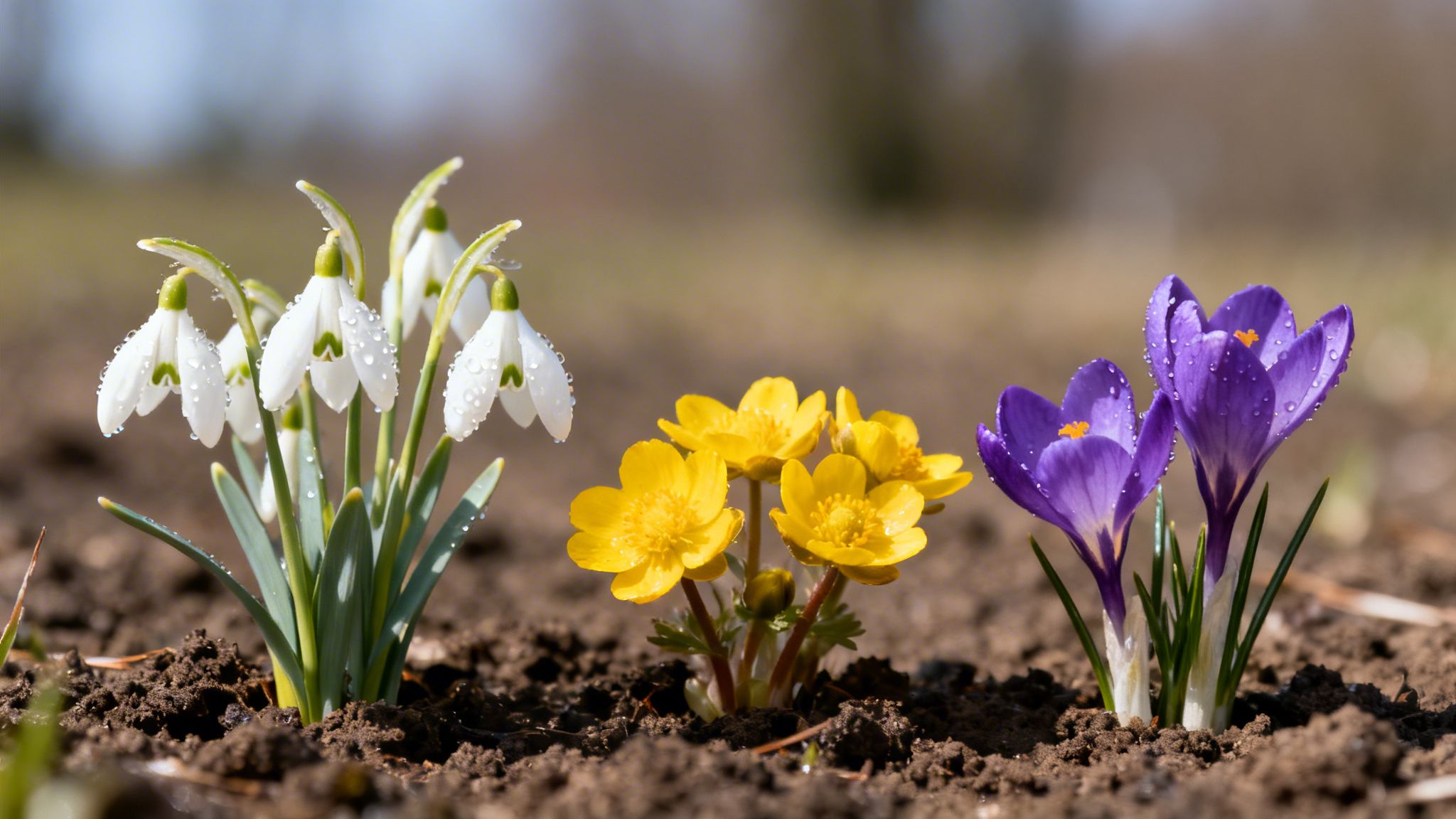Tre smukke forårsblomster i haven: hvide vintergækker, gule adonis og lilla krokus, dækket af dugdråber.