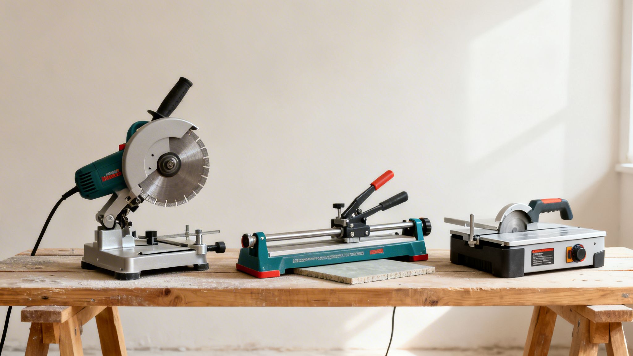 Tre fliseskæreværktøjer, en kap-/geringssav, en manuel fliseskærer og en våd flisesav, står på et træbord.