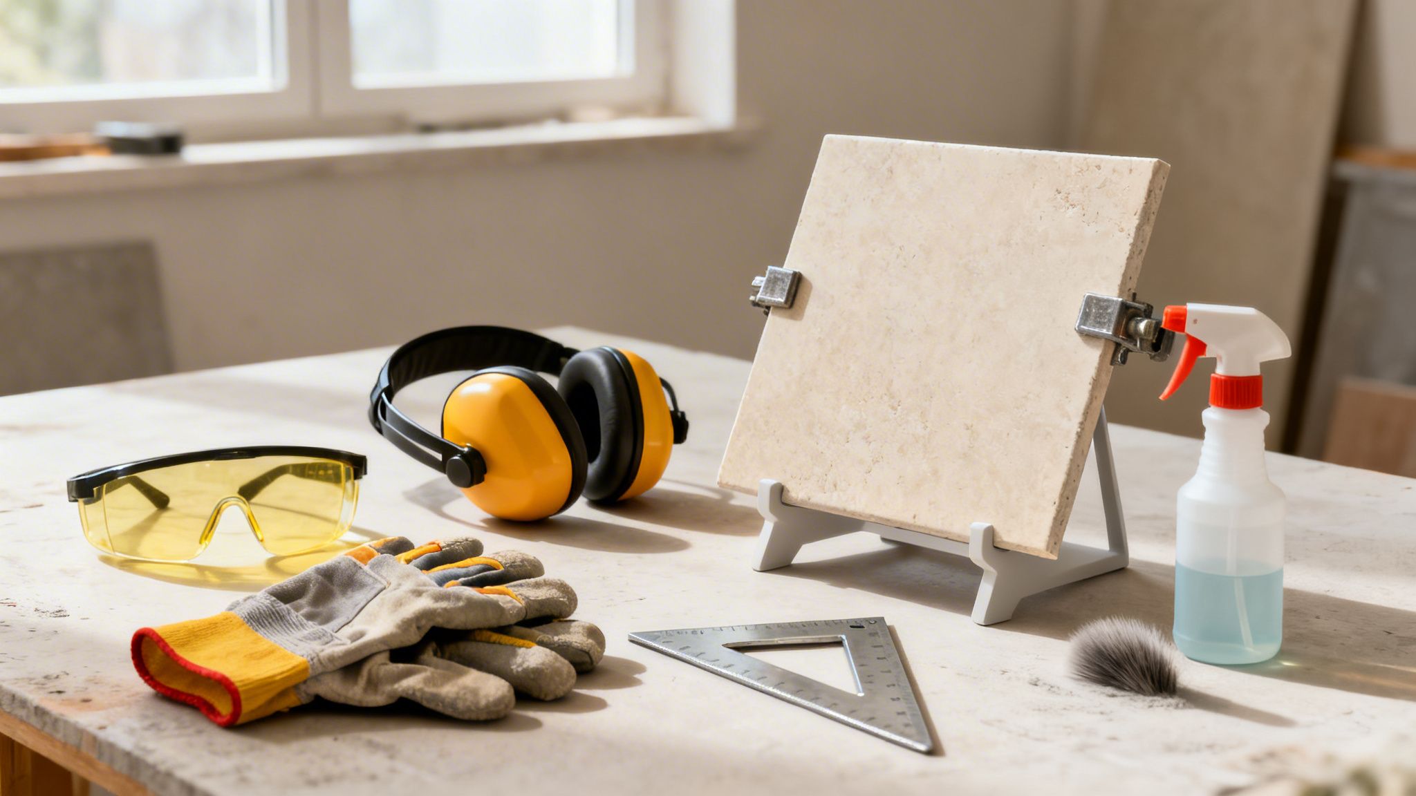 Et skrivebord med sikkerhedsbriller, høreværn, handsker, en flise og værktøj til fliseskæring.