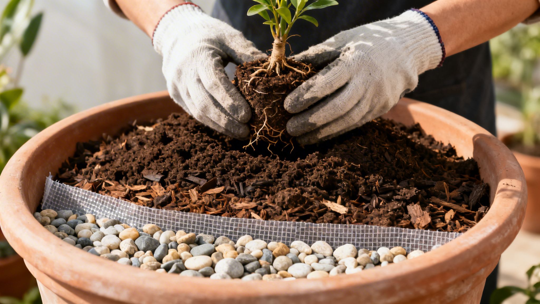 En person med havehandsker planter et lille træ med rødder i en terracotta krukke fyldt med jord og sten.