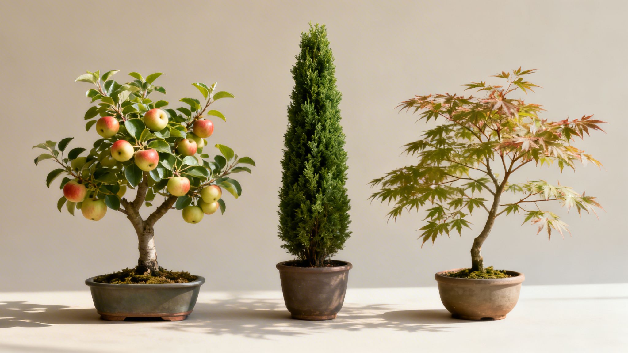 Tre forskellige små træer i krukker: et æbletræ, en cypress og en ahorn bonsai.