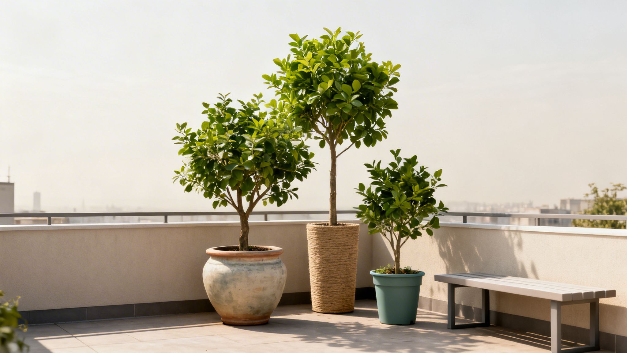 Tre potteplanter på en solrig tagterrasse med en bænk og en byudsigt i baggrunden.
