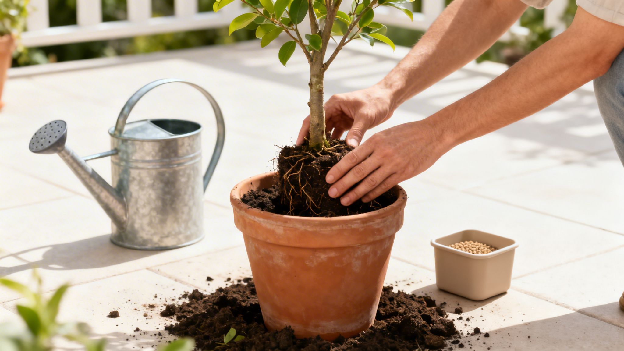 En person planter et lille træ med bare rødder i en terrakotta krukke på en terrasse.