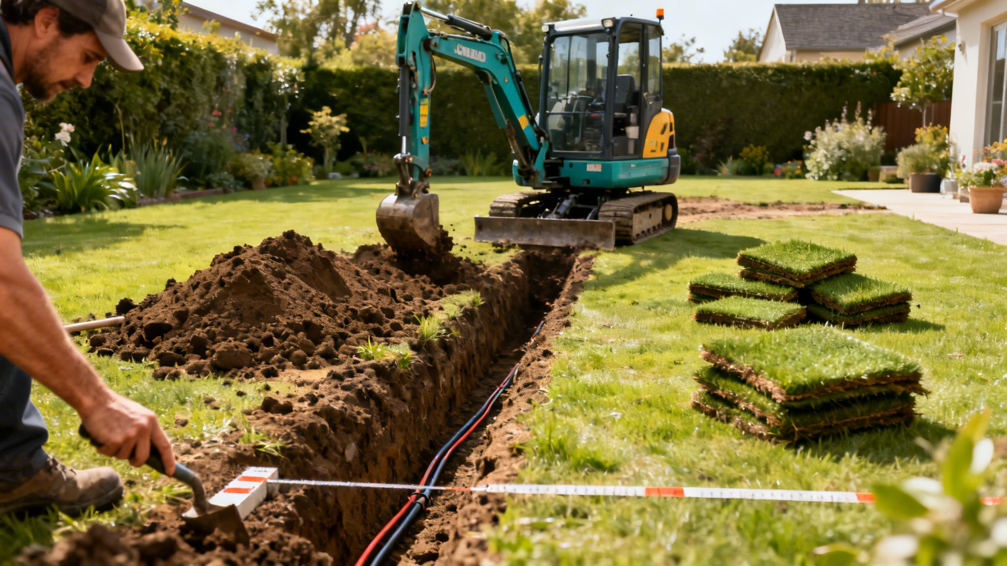 En mand graver en grøft i en have med en minigraver og nedlagte kabler. Der er også jordbunker og rullegræs.