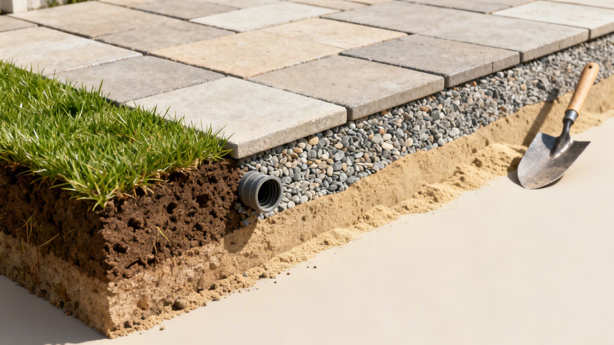 Tværsnit af en terrassekonstruktion, der viser græs, jord, drænrør, grus, sand og fliser, med en skovl.