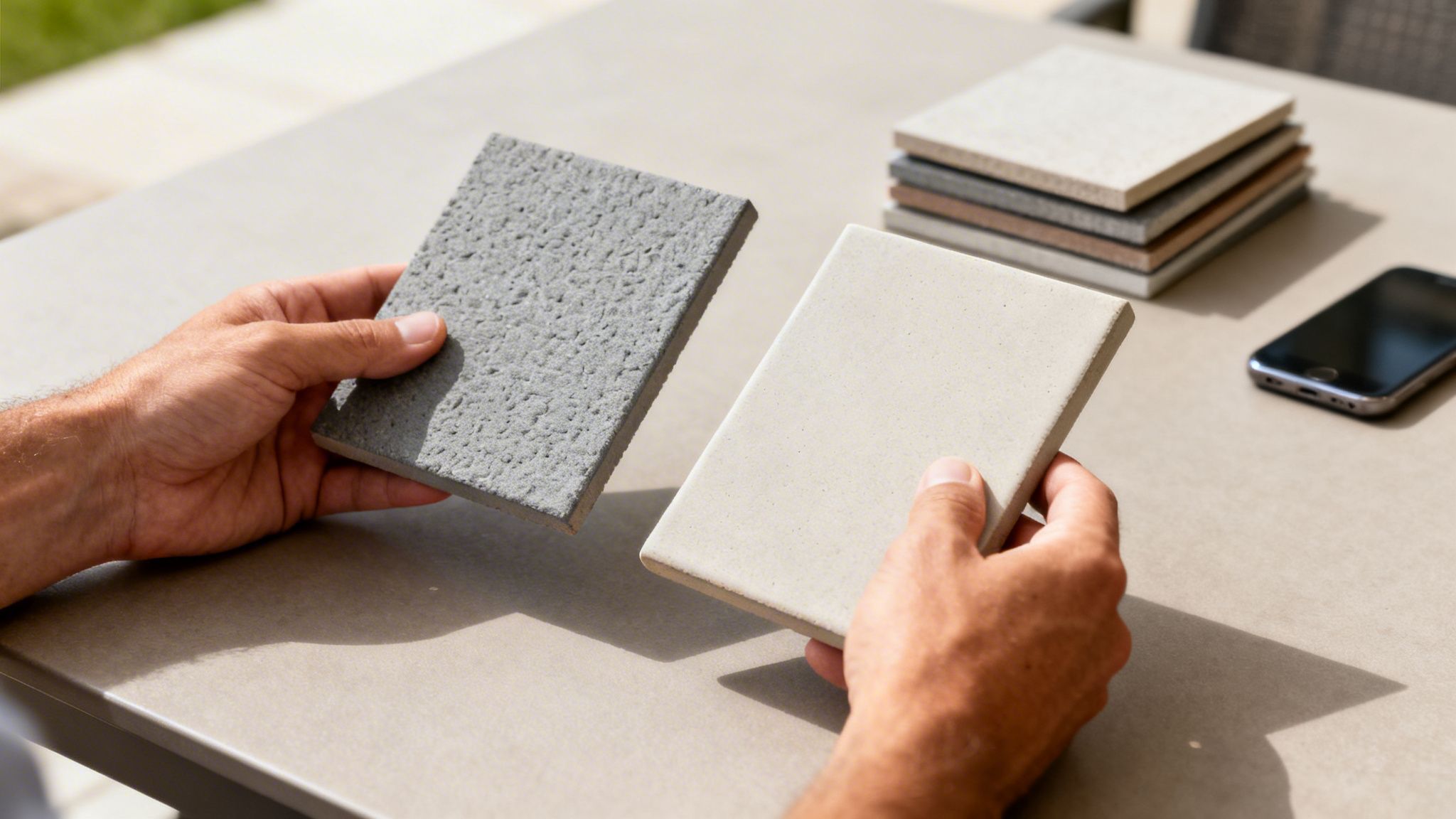 En person holder to terrassefliser for at sammenligne teksturer og farver udendørs.