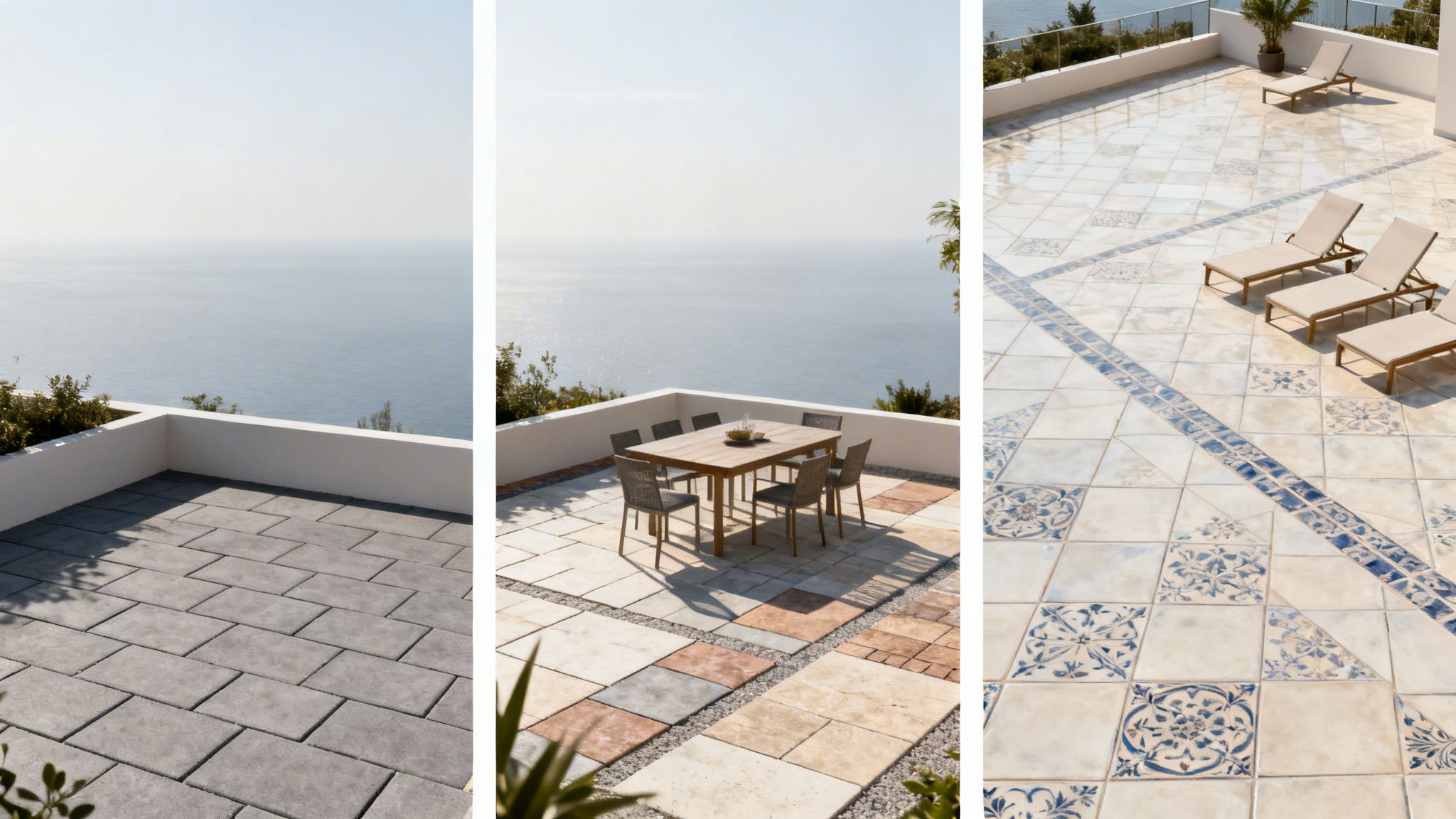 Tre terrasser med havudsigt, der viser forskellige flisebelægninger og udendørs indretningsmuligheder.