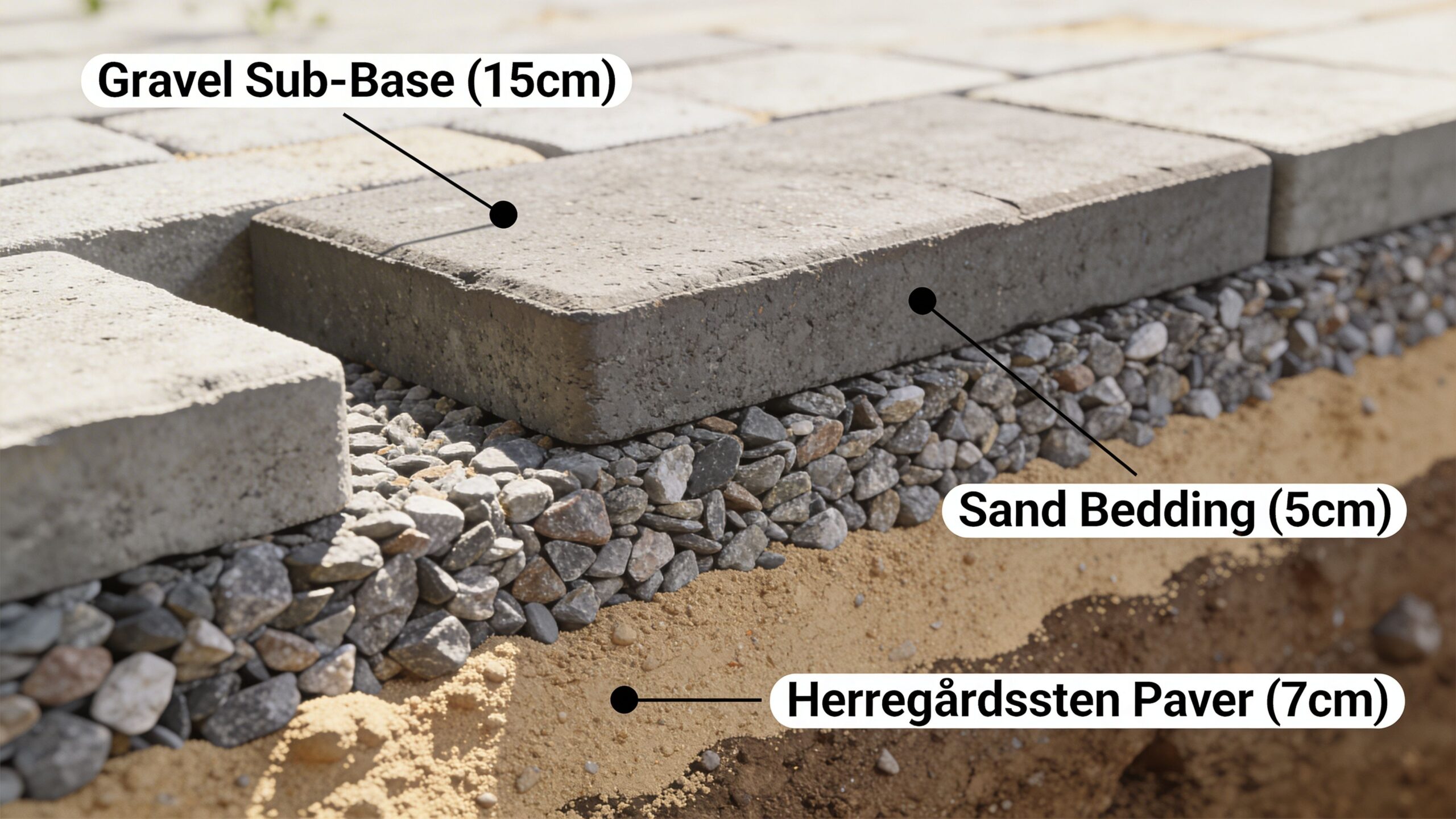 Tværsnit af en belægning med 7 cm herregårdssten, 5 cm sandbedning og 15 cm grusunderlag til fundament.