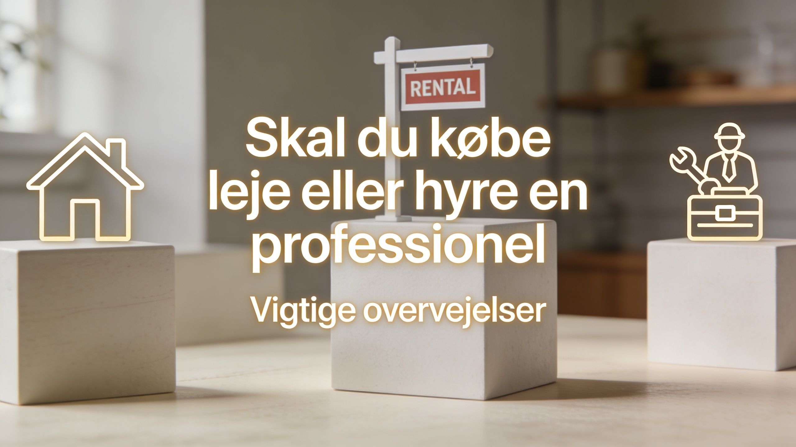 Tre hvide terninger på et bord repræsenterer overvejelser om køb, leje eller brug af professionel hjælp.