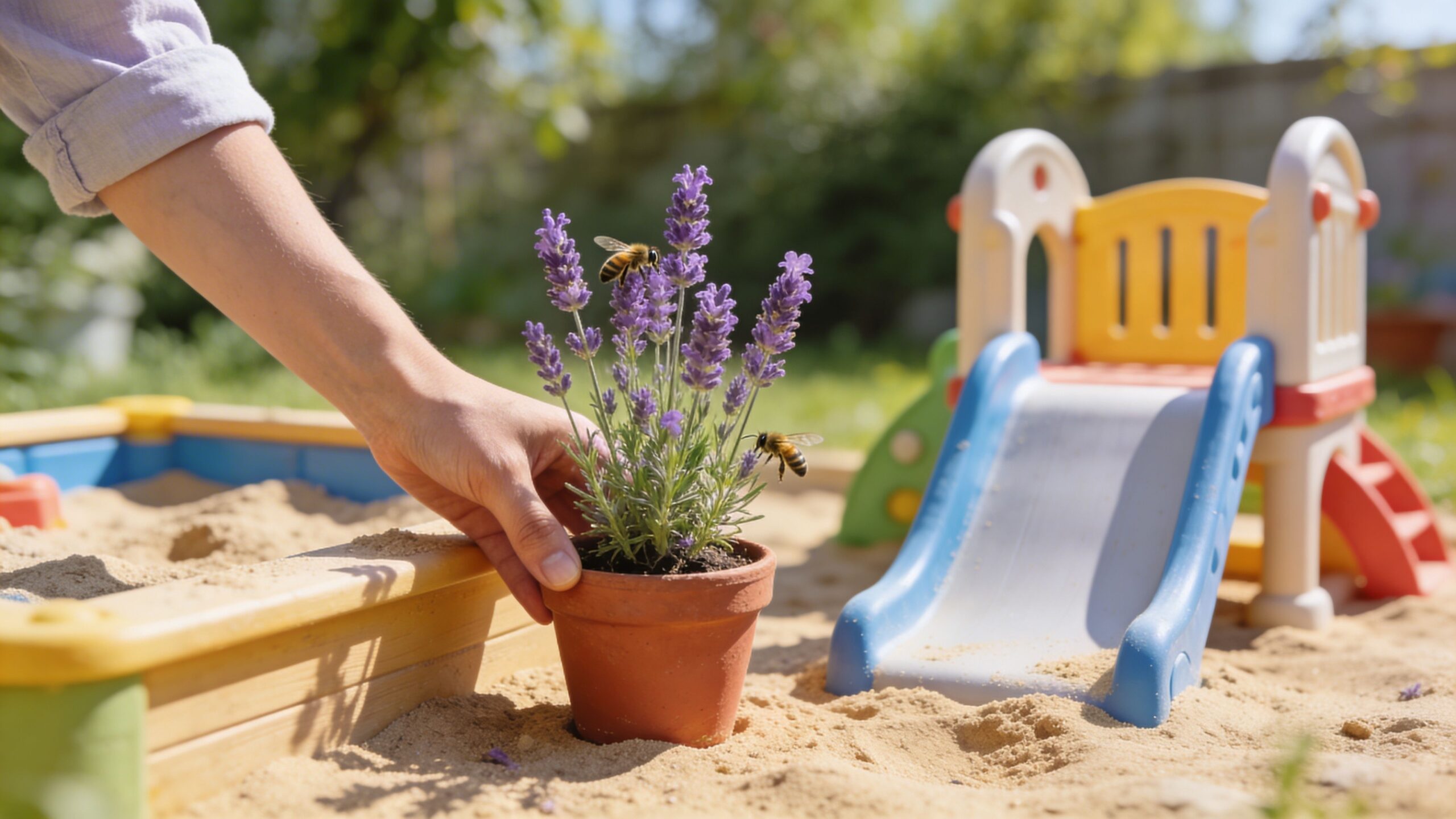 En person holder en potte med lavendel i en sandkasse, hvor bier flyver omkring blomsterne i haven.