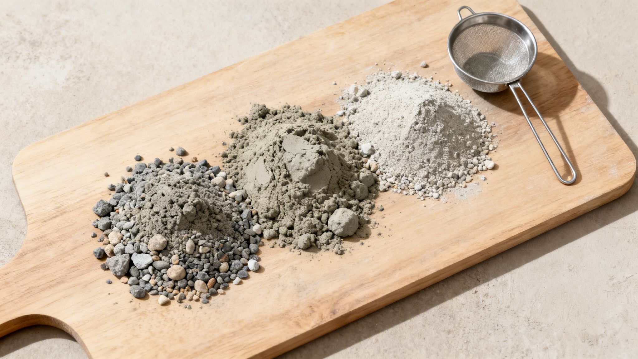 Tre bunker af sand, grus og cement med en sigte på et træbræt, klar til blanding.