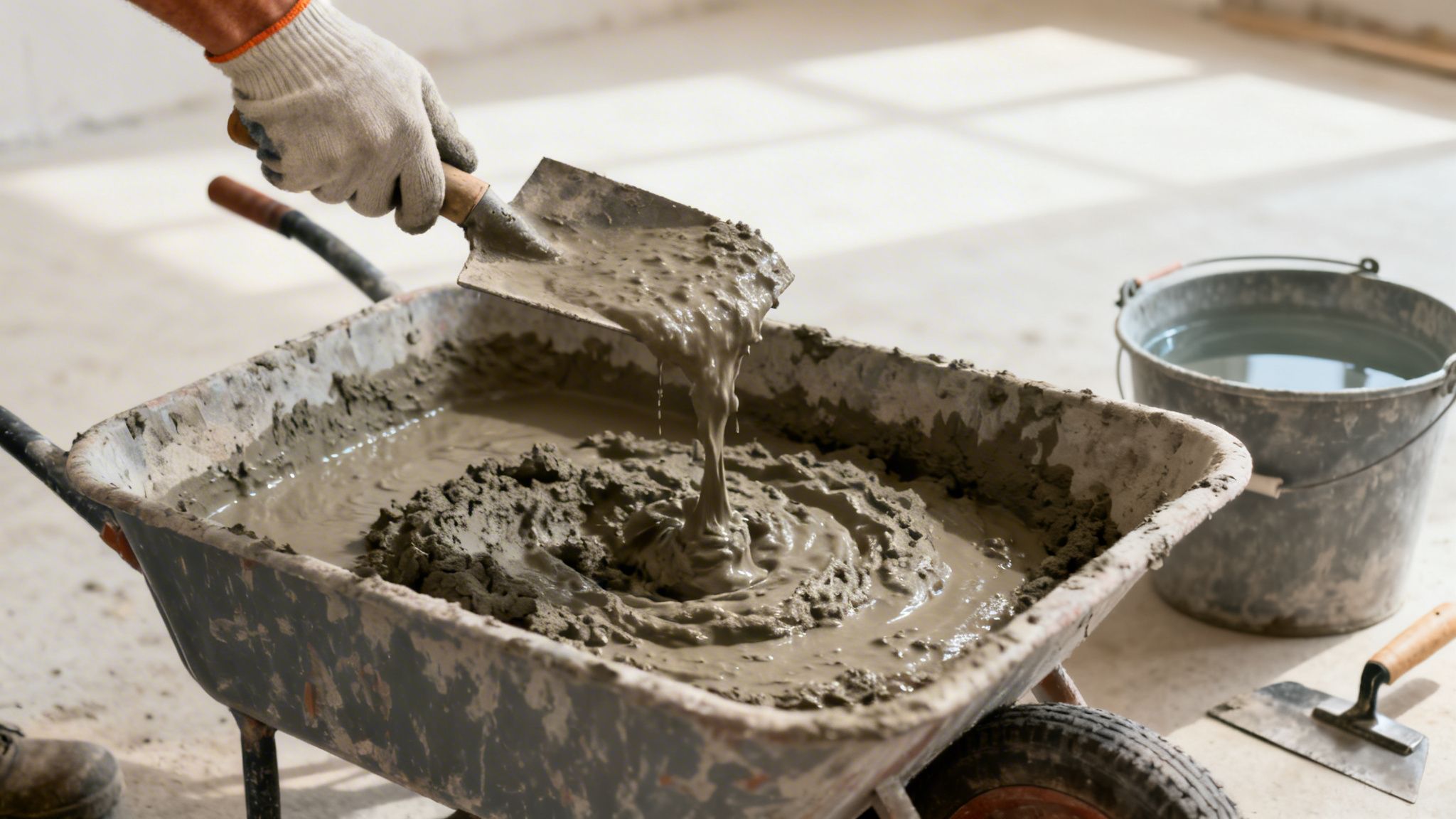 En person blander beton i en trillebør med en skovl, ved siden af en spand vand.