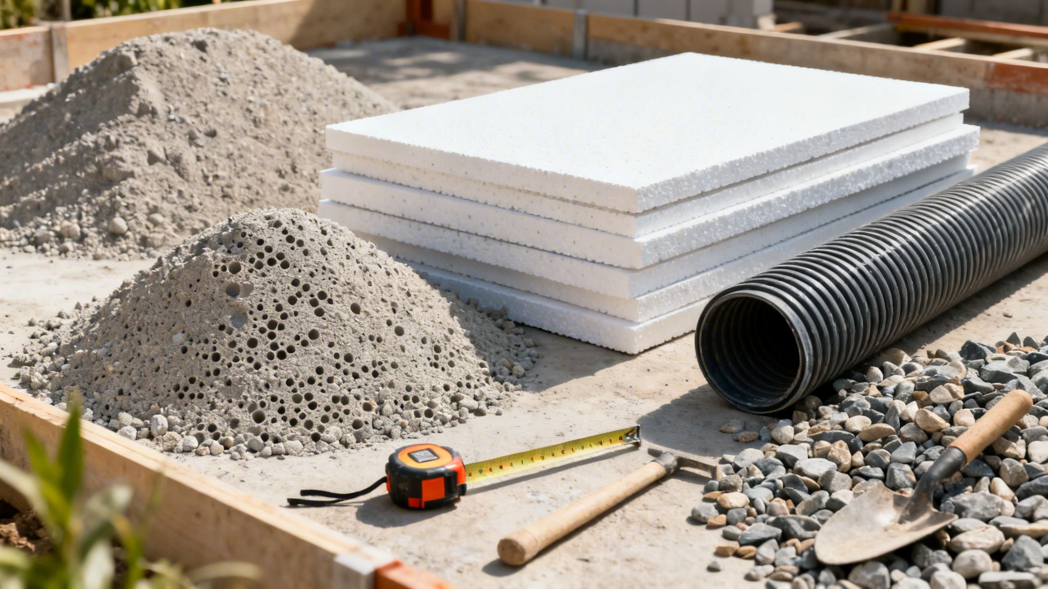 Forskellige byggematerialer og værktøj på en byggeplads, herunder sand, isoleringsplader, rør og målebånd.