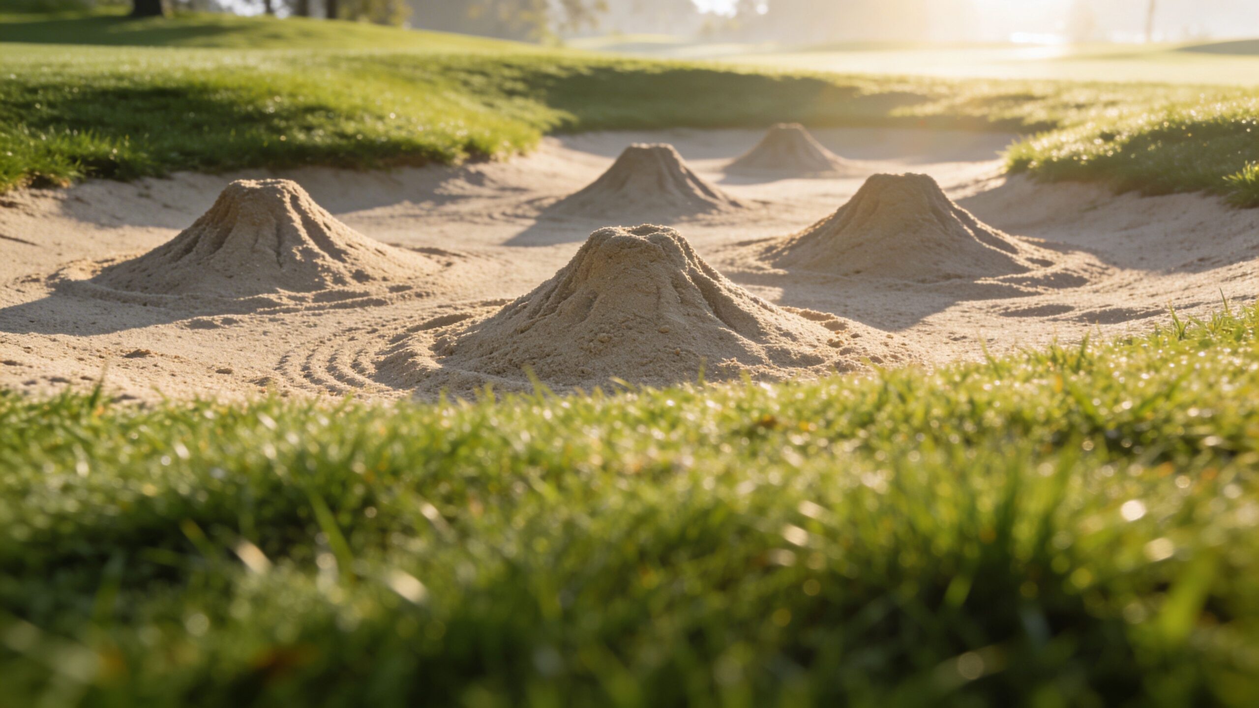 Sandhøje efterladt af jordbier i en golfbunker på en solskinsdag med grønt græs i forgrunden.
