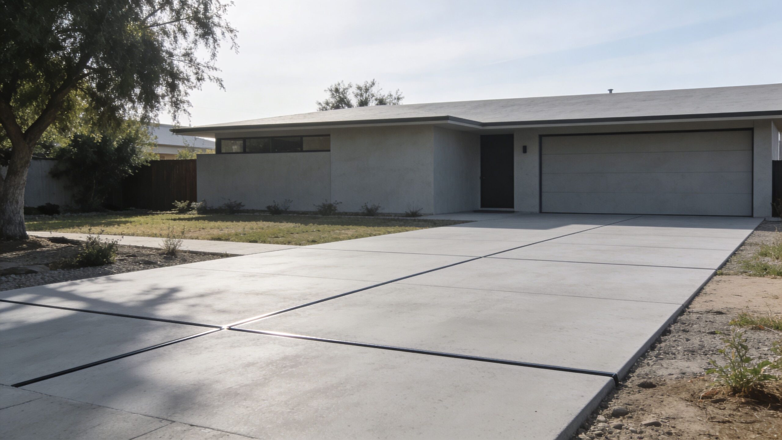 Moderne betonindkørsel foran et minimalistisk hus med fladt tag og garage i solskinsvejr.