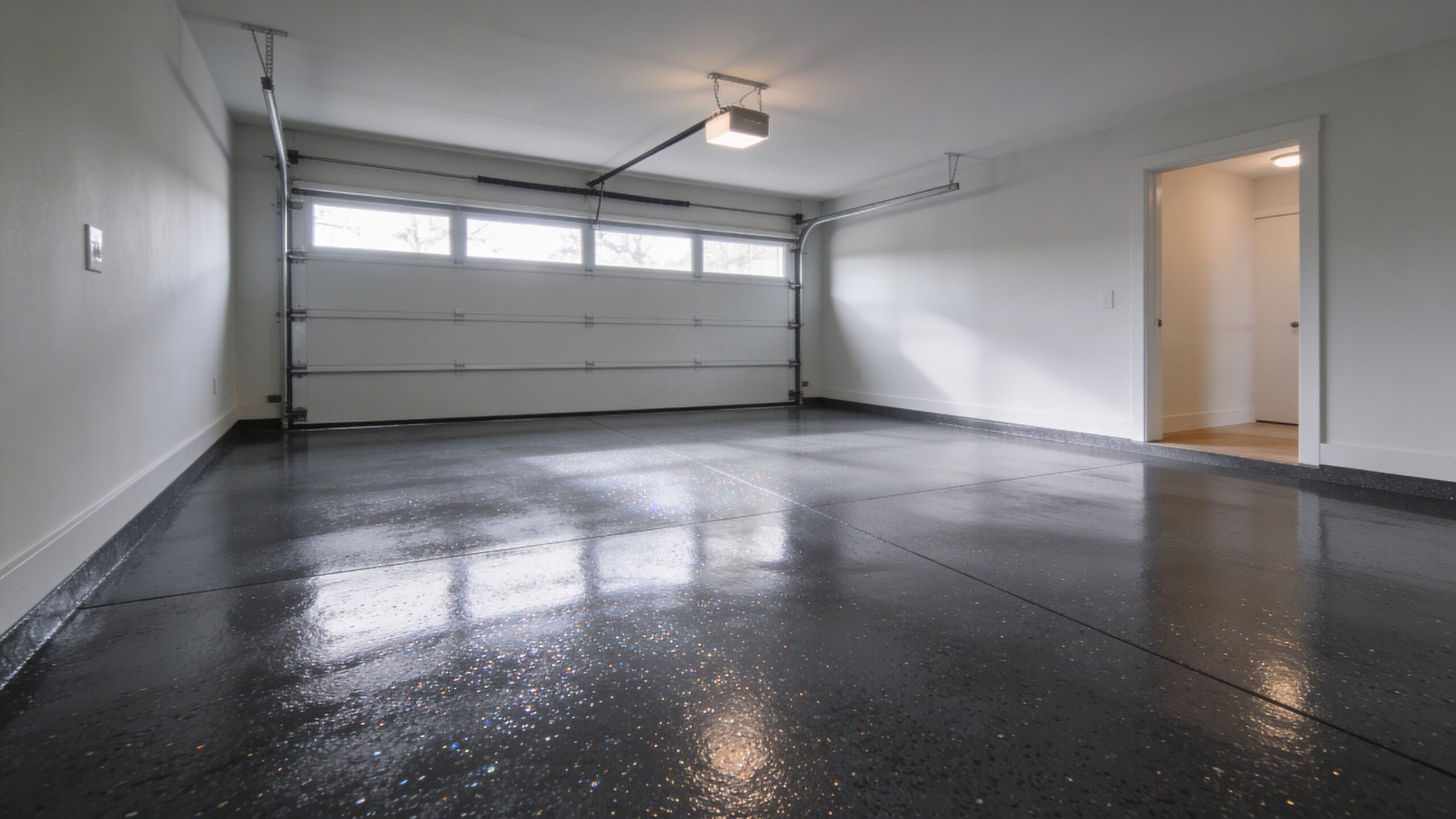 En ren og rummelig garage med et flot skinnende gråt epoxygulv og hvide vægge.