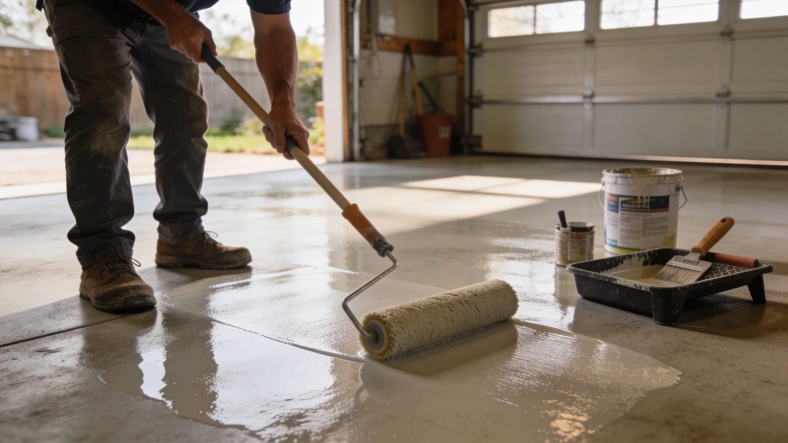 En håndværker påfører hvid epoxy-maling på et betongulv i en garage med en rulle og malerbakke.
