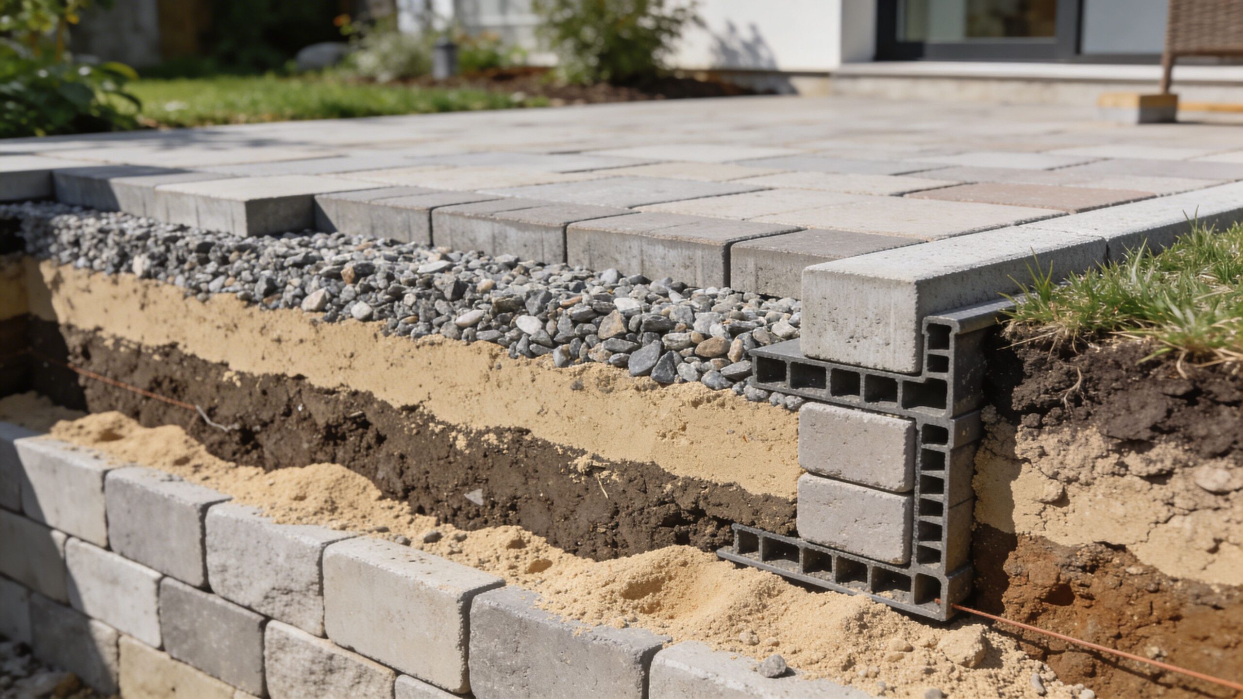 Et tværsnit af en terrassekonstruktion der viser fundamentet med lag af sten, sand og betonfliser i jorden.