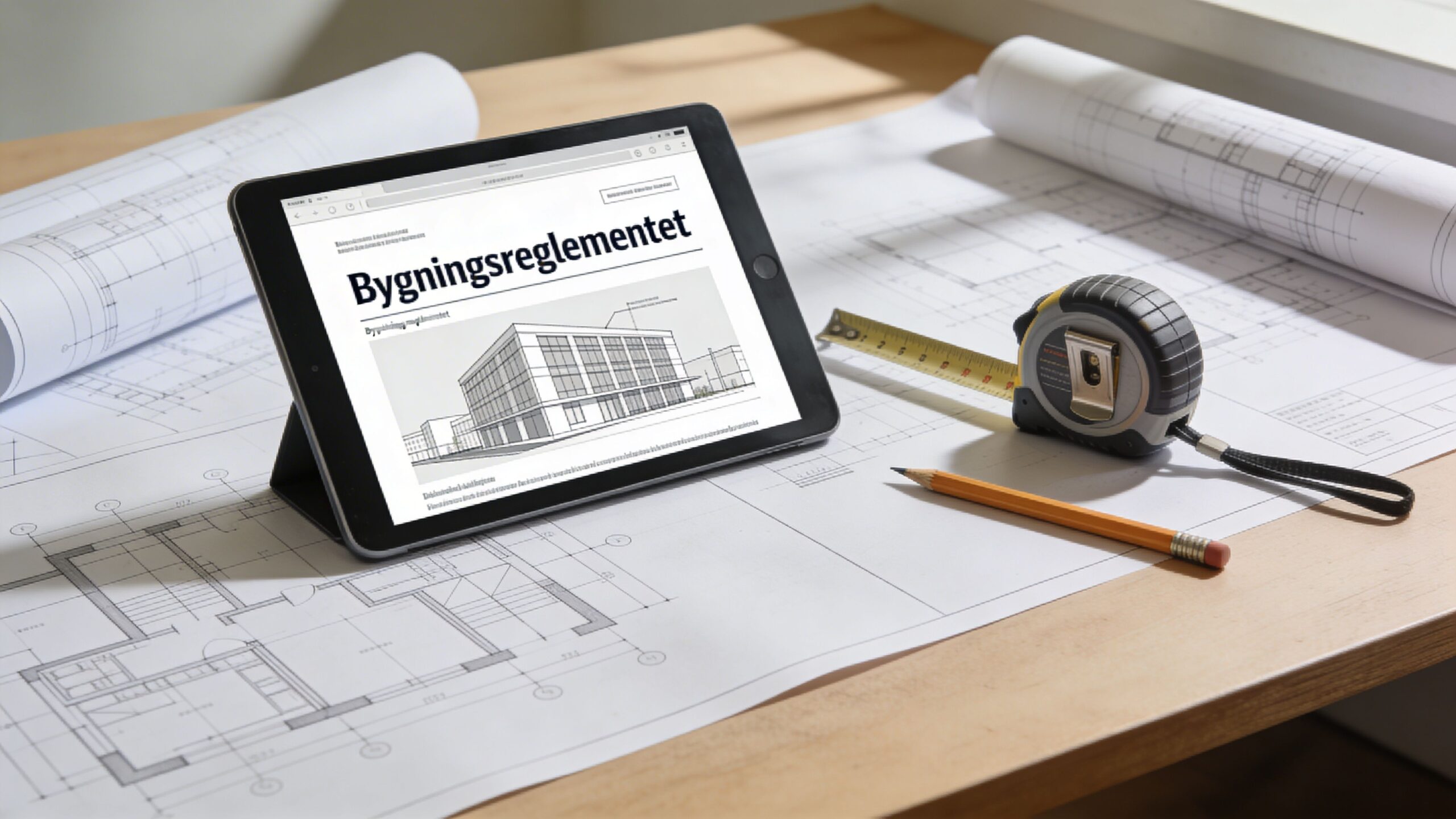 En tablet viser Bygningsreglementet placeret på en tegning med et målebånd og en blyant på et bord.