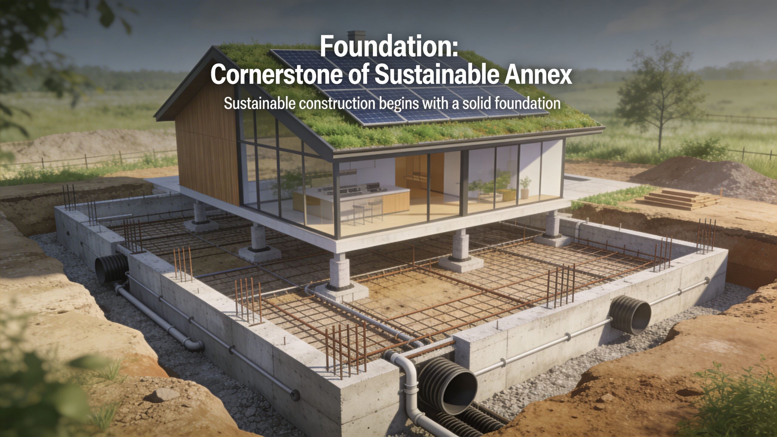 Illustration af et moderne bæredygtigt anneks med grønt tag og solceller under opførelse på et solidt betonfundament.