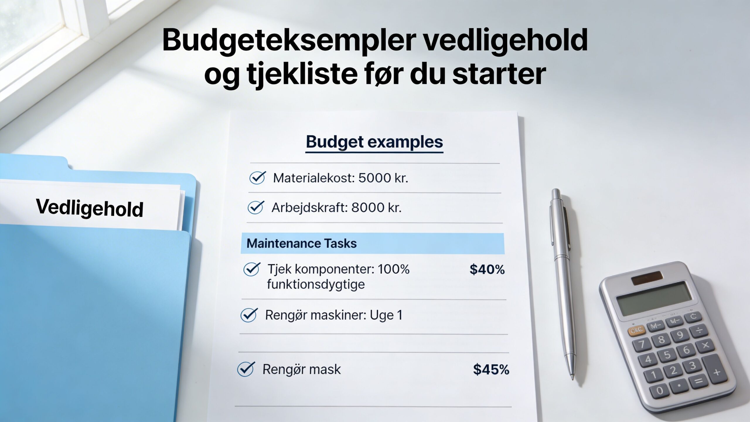 Et budgetark med vedligeholdelsesomkostninger, en lommeregner og en kuglepen placeret på et hvidt skrivebord.