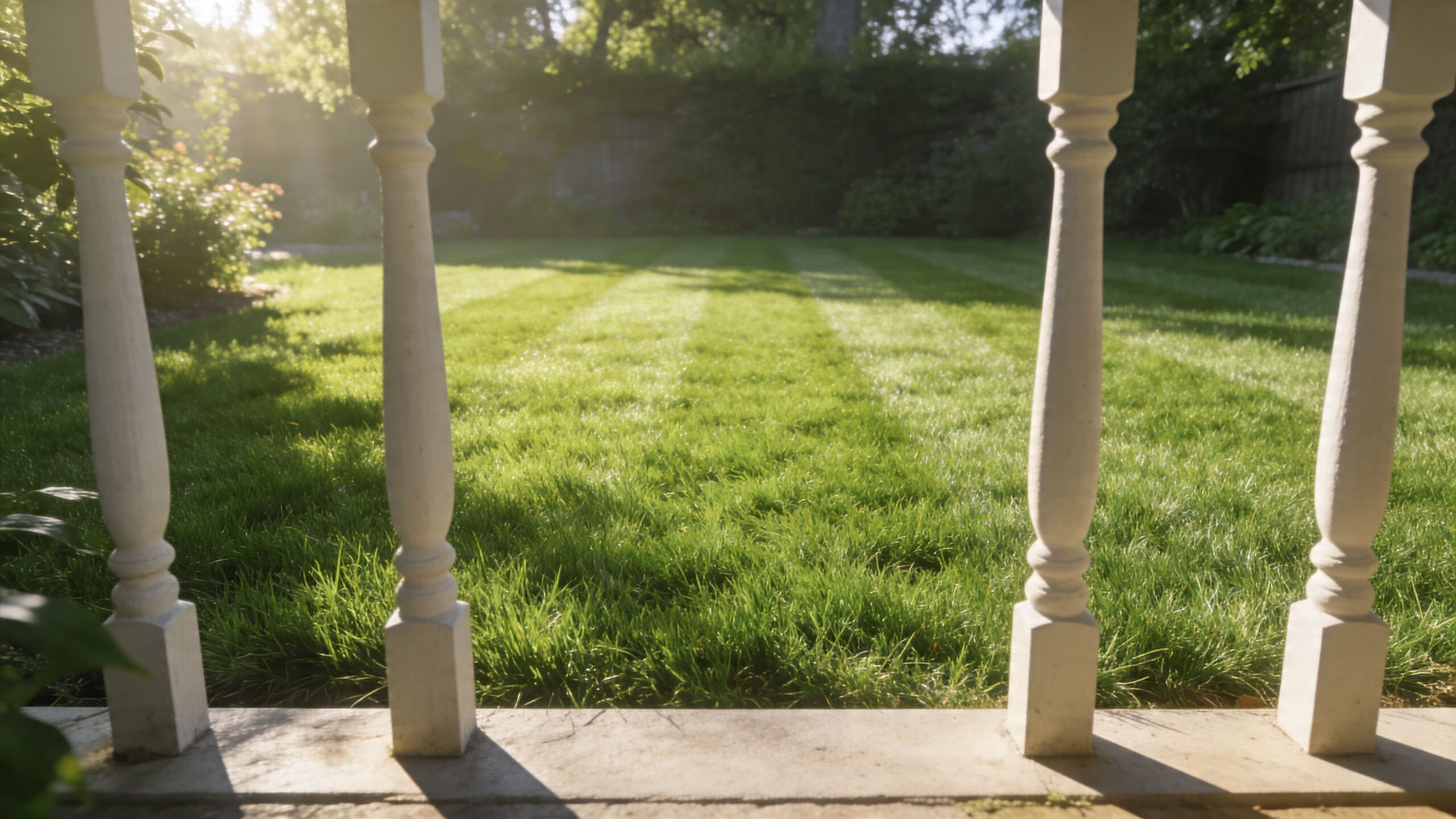 En solrig grøn have set gennem hvide veranda-søjler med tydelige striber i den velplejede græsplæne.
