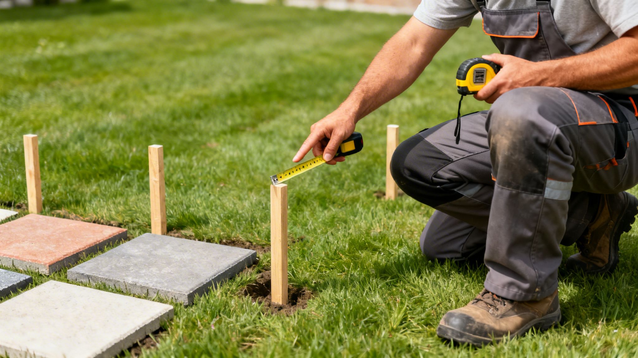 En person måler en træpæl med målebånd på en græsplæne. Havefliser ligger klar til anlæg.