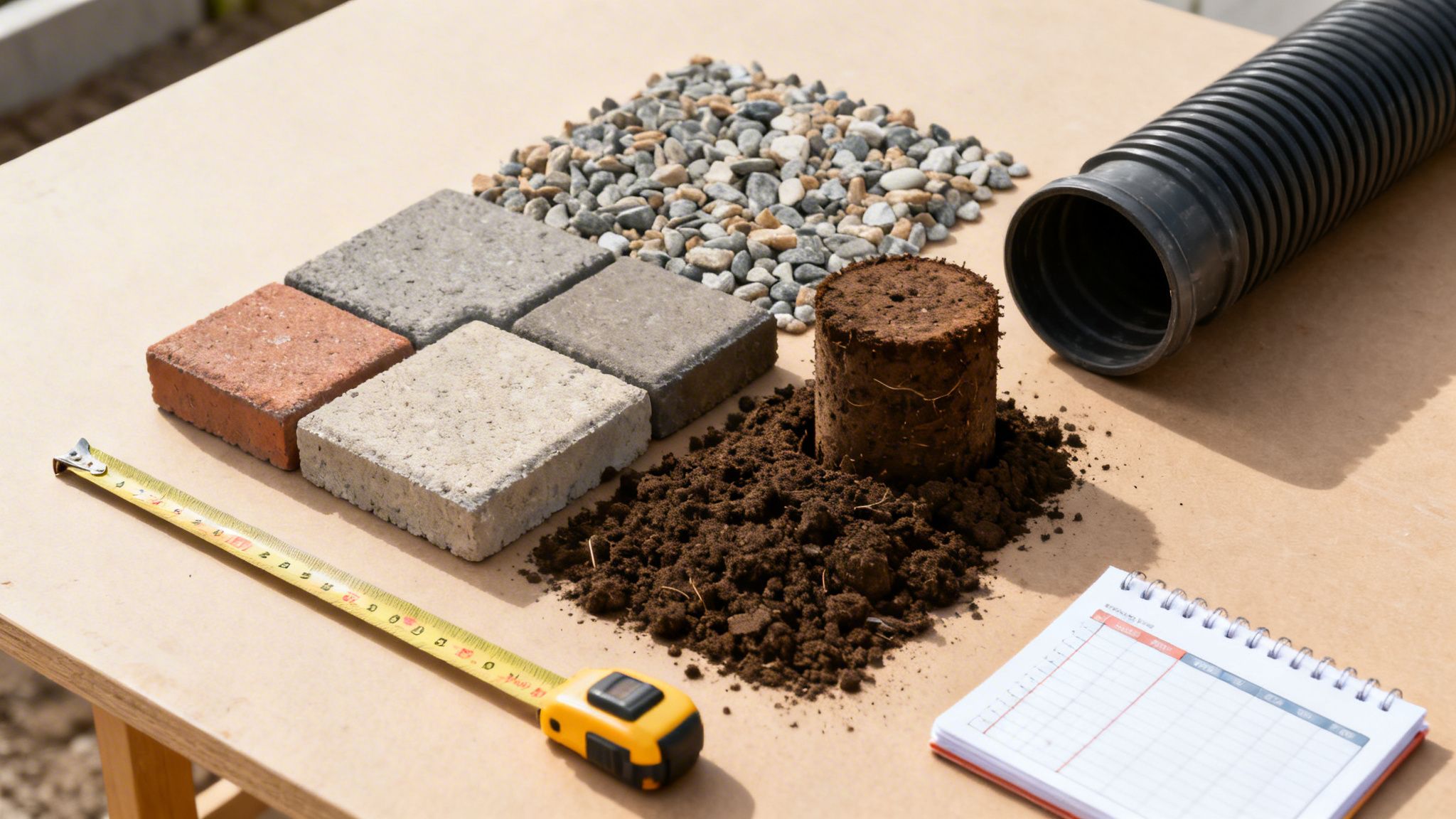 Materialer til haveanlæg: sten, jord, drænrør, målebånd, fliser og notesbog på træbord.