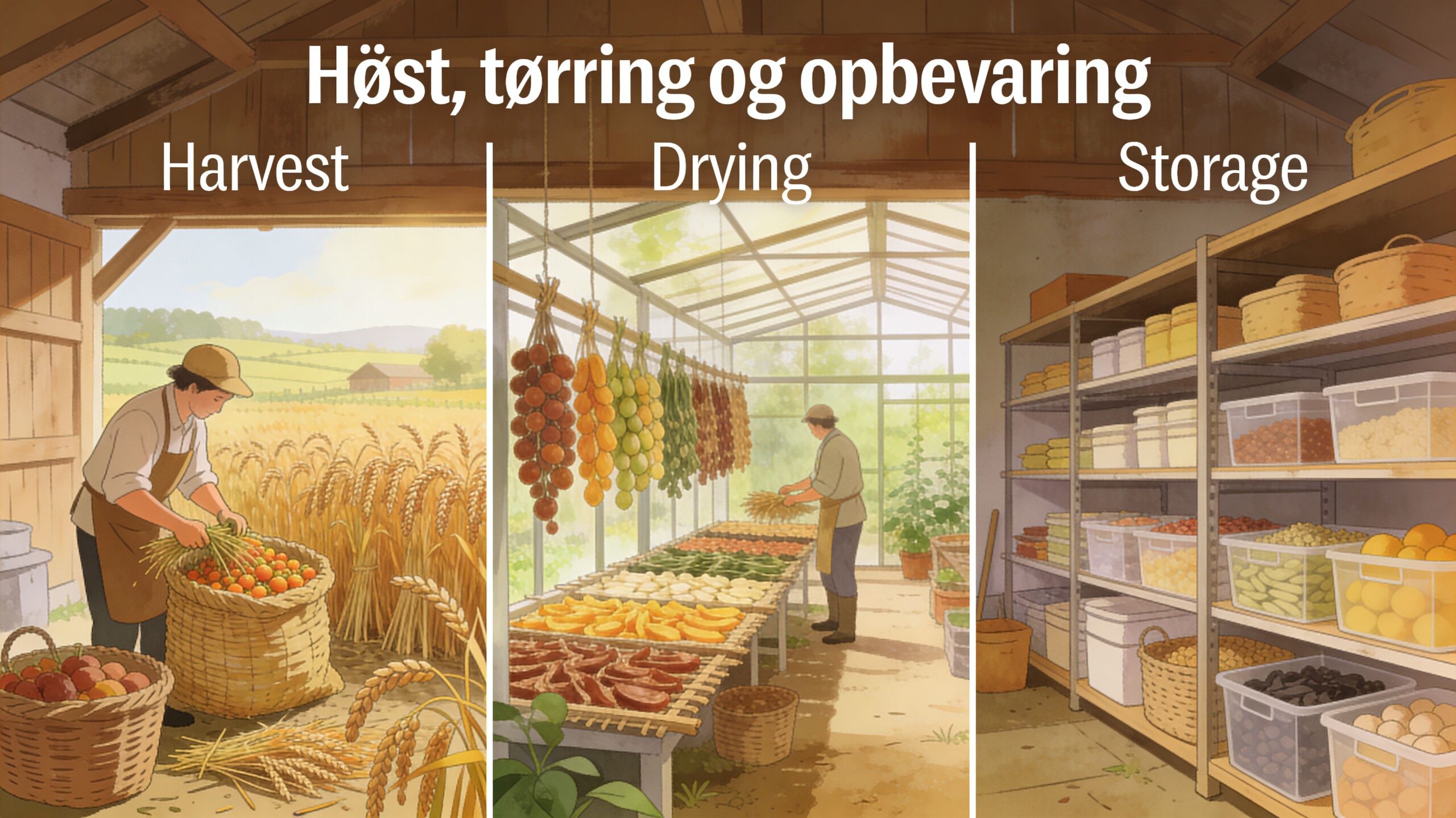 Illustration af processen for landbrugsprodukter, fra høst på marken til tørring i drivhus og opbevaring på hylder.
