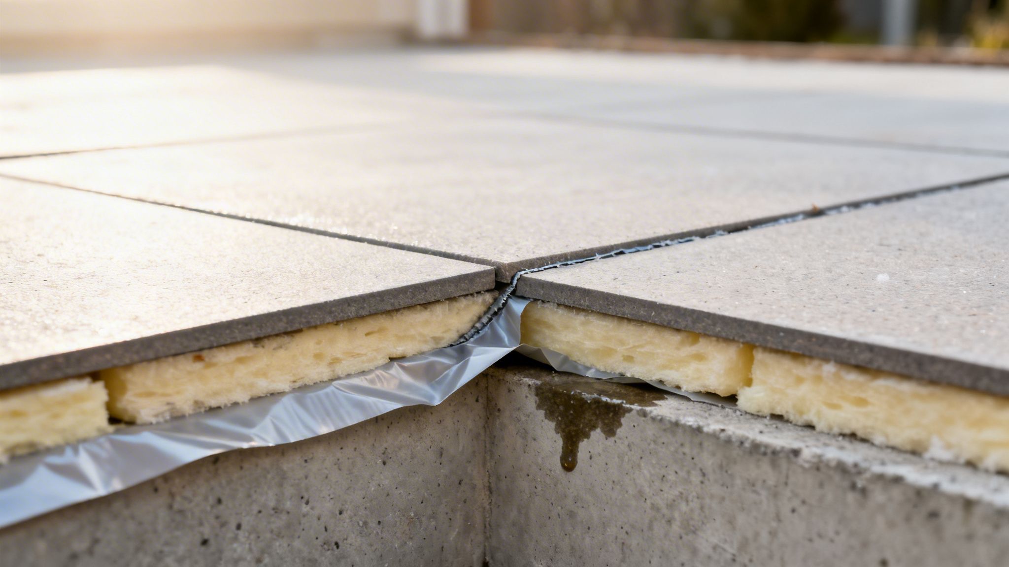 Detaljeret tværsnit af terrændæk med fliser, isolering og membran over betonfundament.