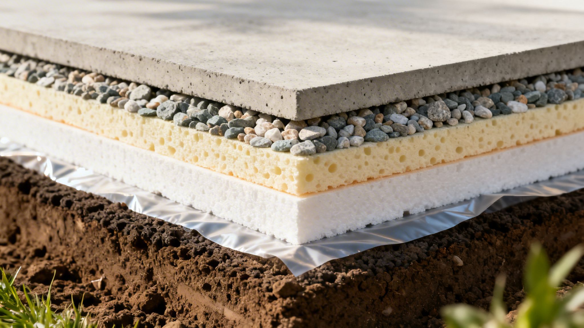 Tvrsnit af et terrændæk med isolering, grus og beton på jord i dagslys.