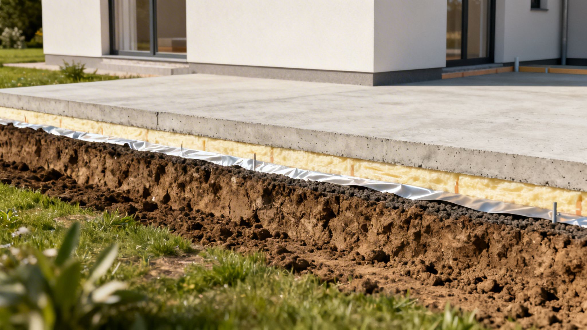 Nærbillede af et terrændæks opbygning med isolering, dampspærre og drænlag ved et husfundament.