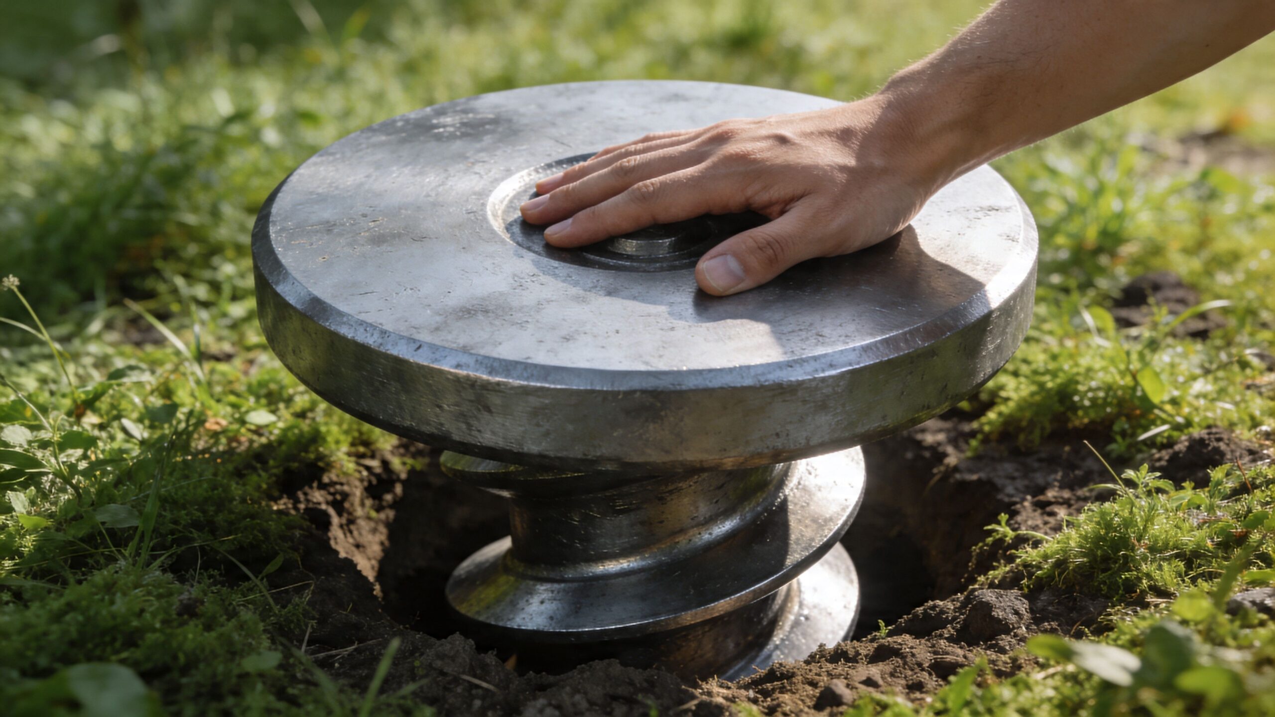 En hånd placeret på en stor metal jordskrue, der er monteret i jorden til fundament af terrasse.