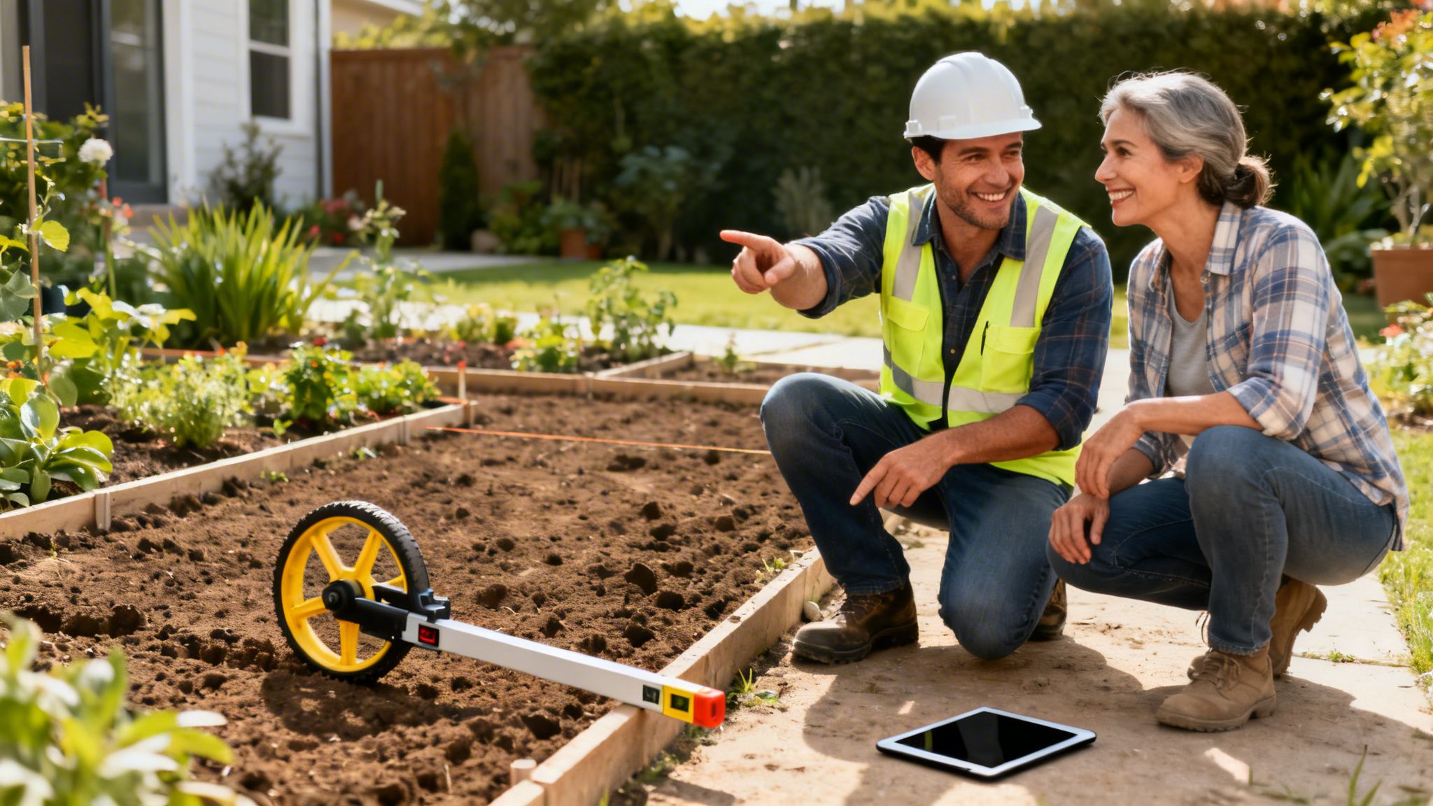 Smilende mand og kvinde planlægger anlæg af havebede med målehjul og tablet i solskin.