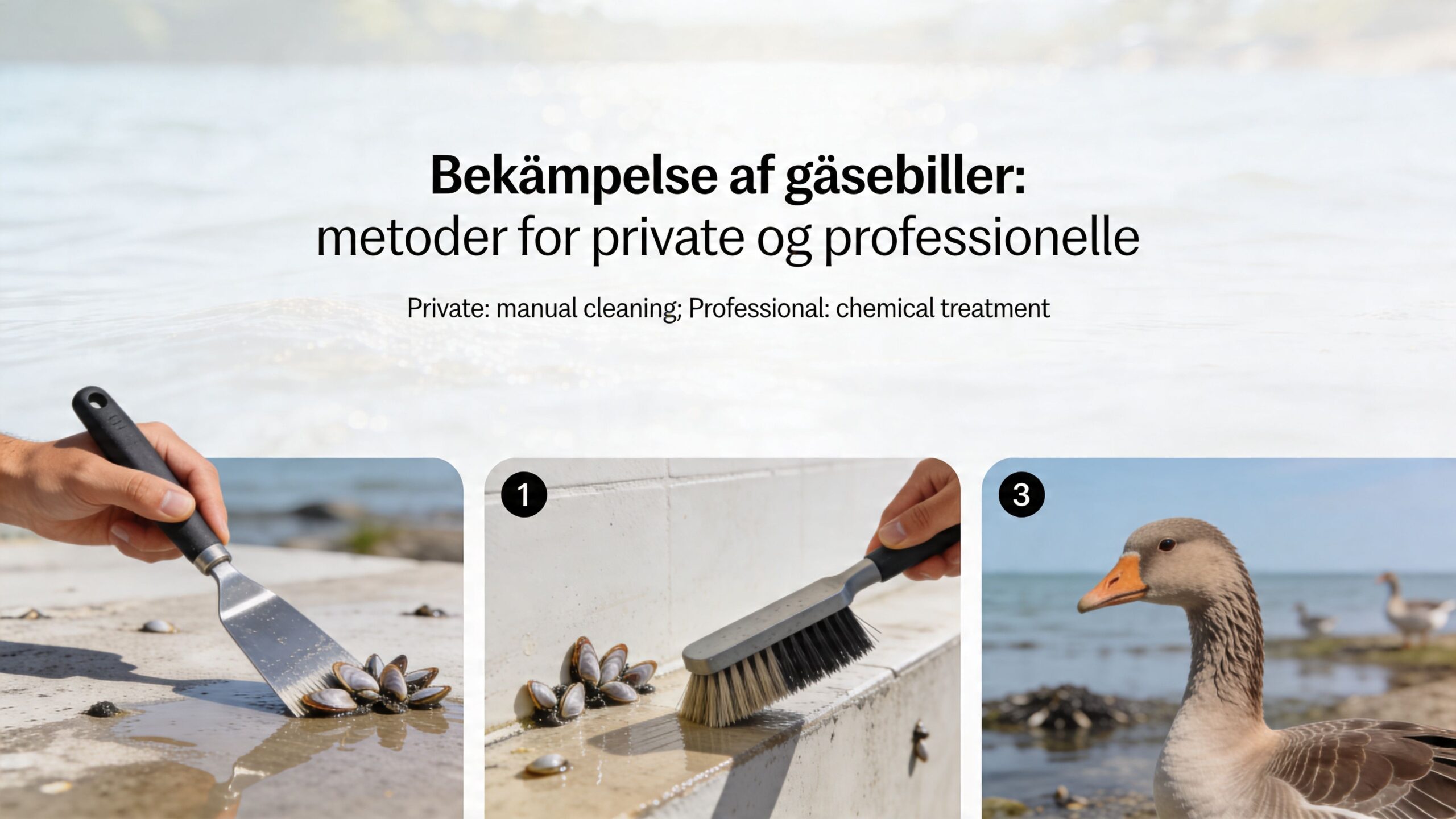 Illustration af metoder til bekæmpelse af gåsebiller, herunder manuel fjernelse med spartel og børste ved vandkanten.