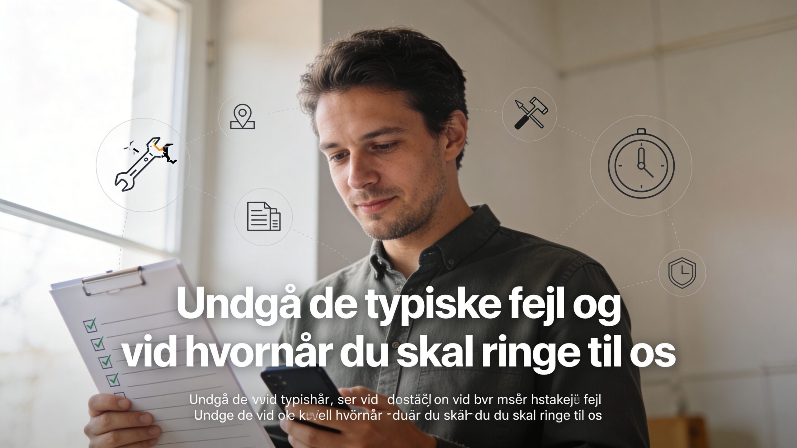 En mand læser en tjekliste og ser på sin telefon for at undgå typiske flisefejl.