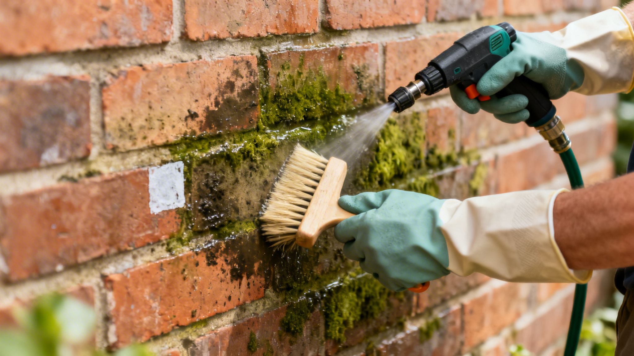 En person renser en murstensvæg med mos ved hjælp af en børste og en vandstråle fra en slange.