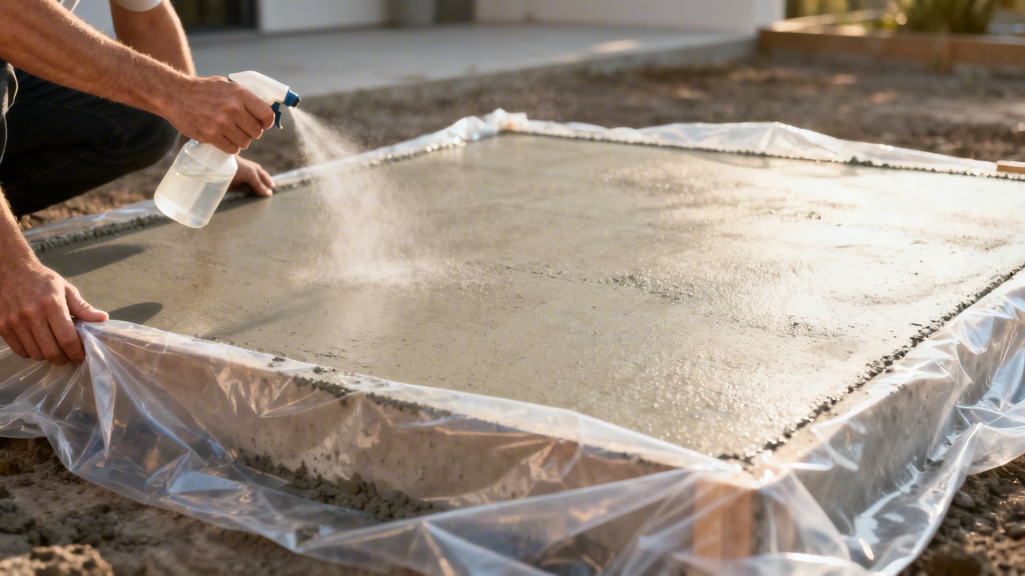 En person sprøjter vand på nystøbt beton for at fremme hærdningsprocessen udendørs.