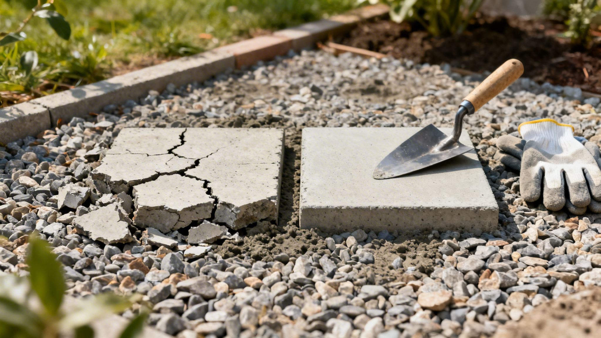 To betonfliser på grus, en ødelagt og en ny. En murske og arbejdshandsker ligger ved den nye flise.