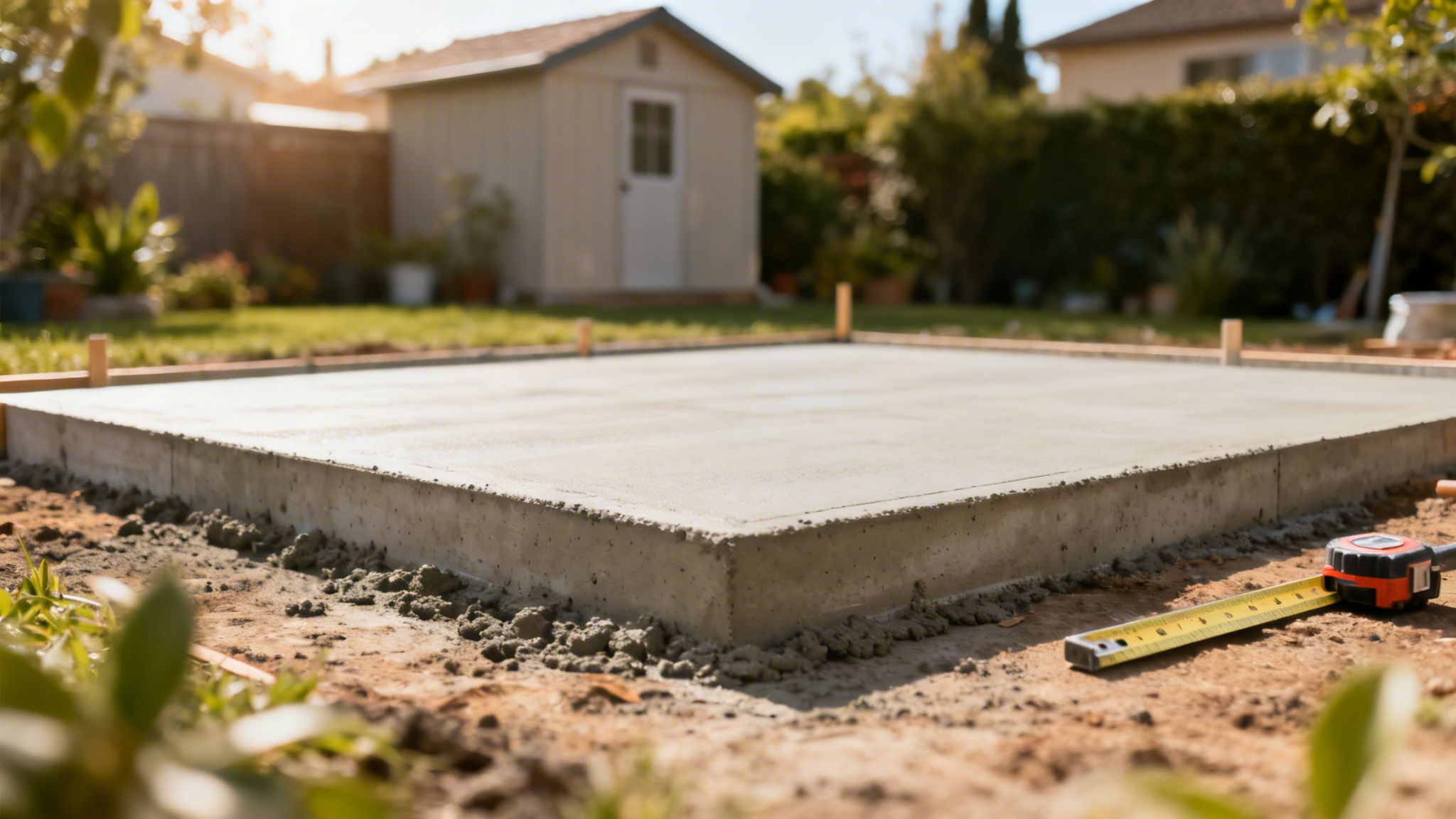 Et nyligt støbt betonfundament til et skur i en baghave med et målebånd placeret i forgrunden.
